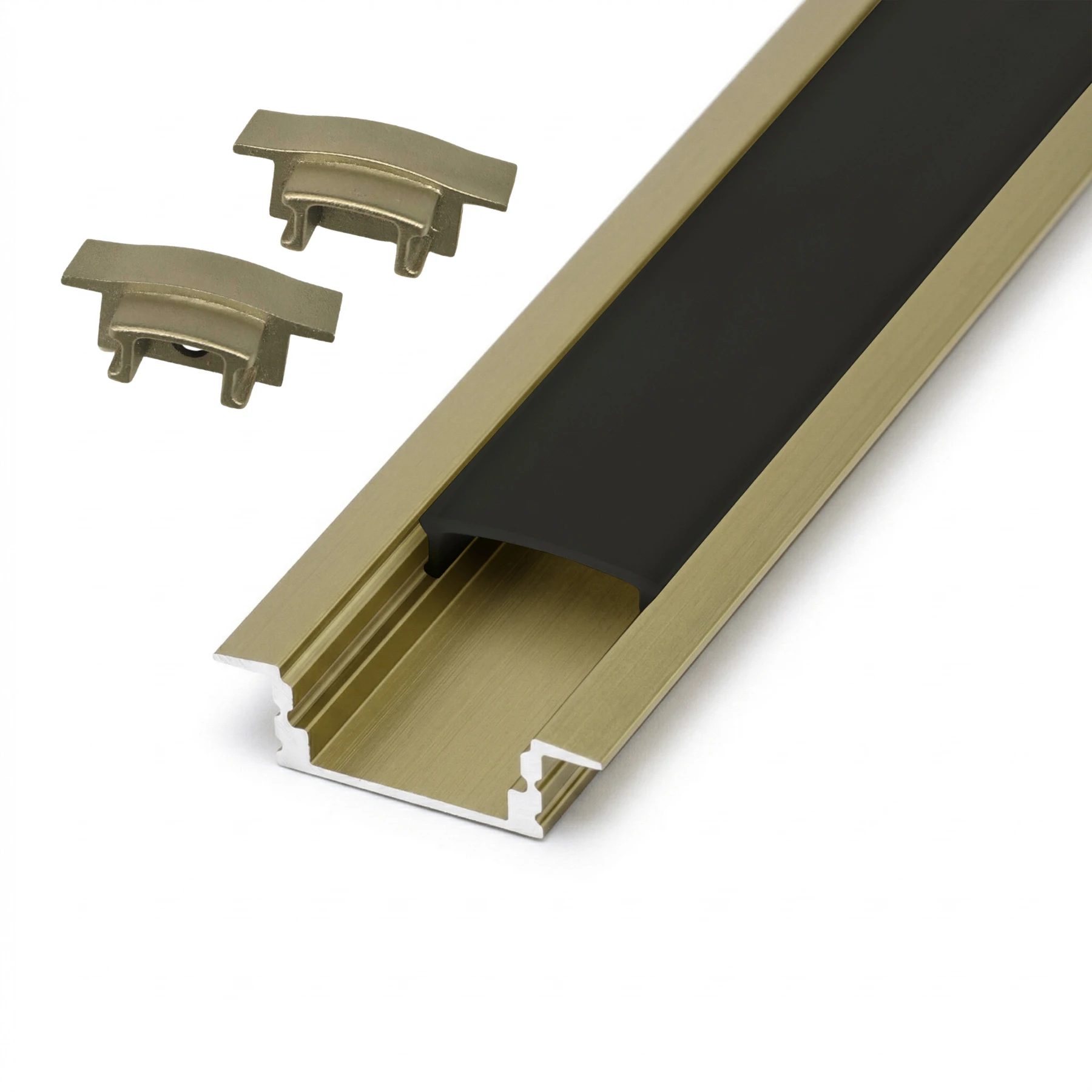 champagnerfarbenes Aluminium LED Einbau Profil in Wunschlänge, slim, 2,48 x 0,7cm 27 cm_mit schwarzer Abdeckung_2er Set - einseitig mit Loch