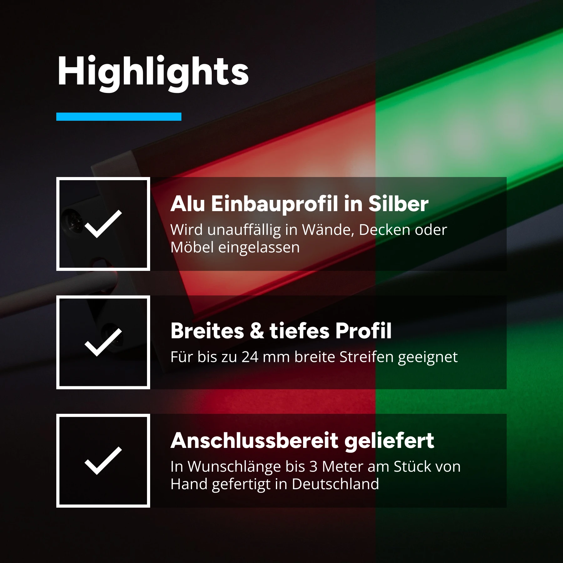 24V wasserfeste Sauna Einbau LED Leiste - hitzebeständig - RGB - diffuse Abdeckung - IP68 - 35cm - 18 LEDs - 1,1 Watt - 41 Lumen - 100cm Eingangskabel mit offenen Enden - ohne Ausgangskabel (geschlossene Endkappe)