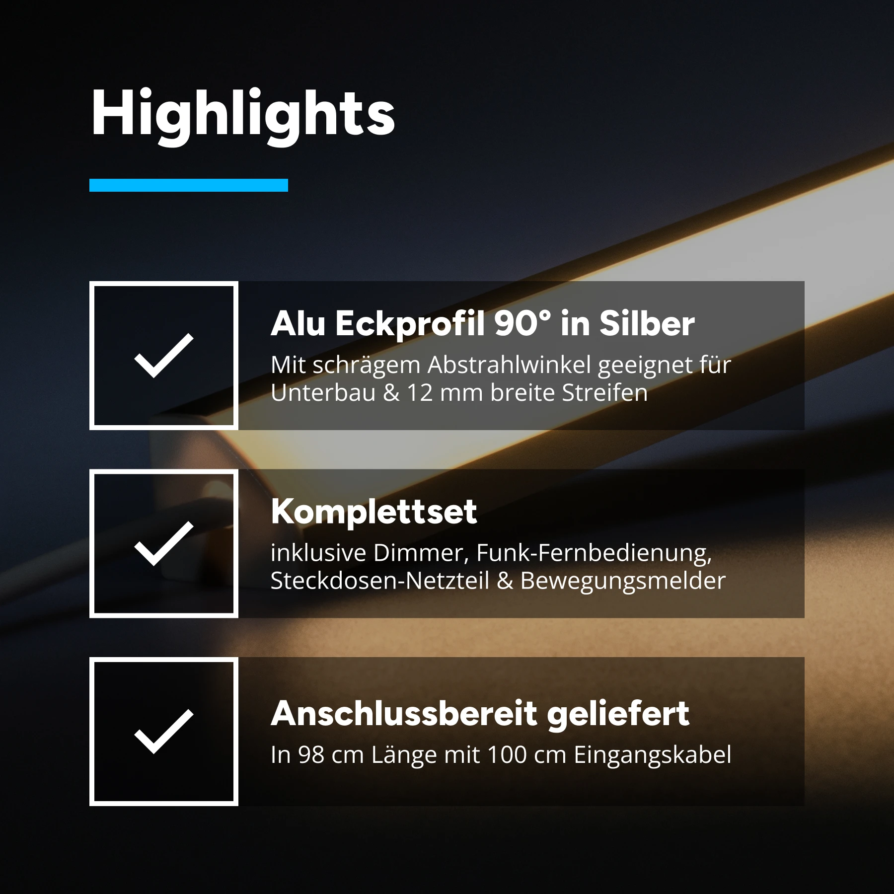 24V LED Eckleisten Set mit FB, Netzteil und Bewegungsmelder, 98cm Länge, Lichtfarbe warmweiß