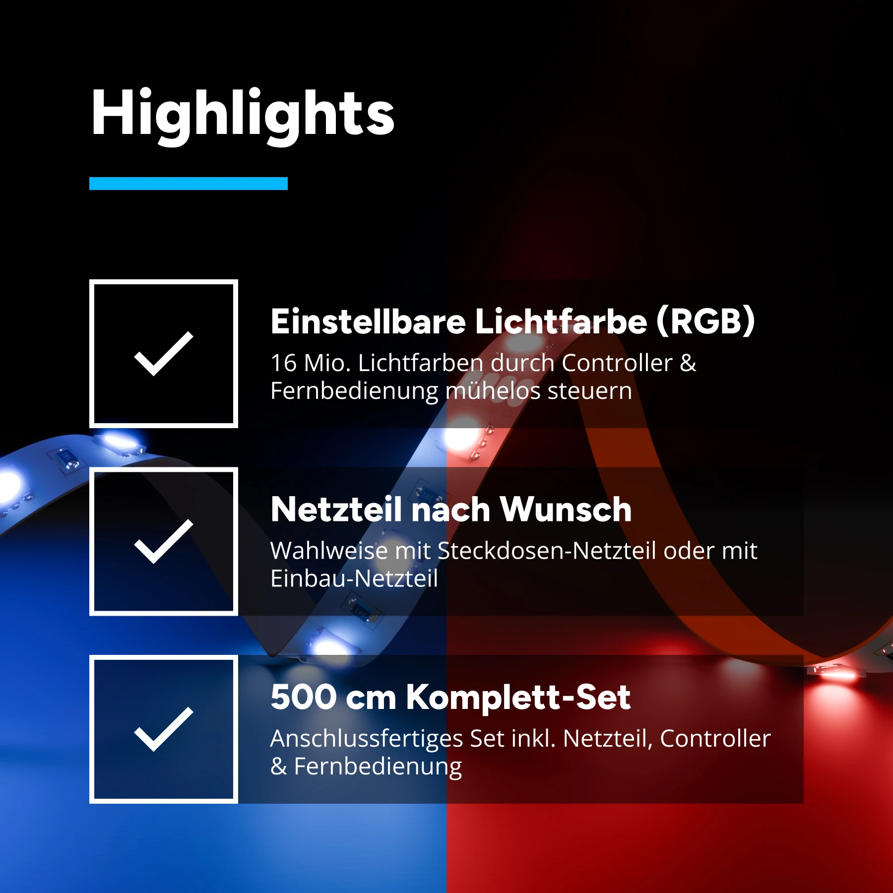 24V RGB LED Streifen Set mit Fernbedienung und Netzteil, 500cm Länge, Farbwechsel mit Steckdosen Netzteil
