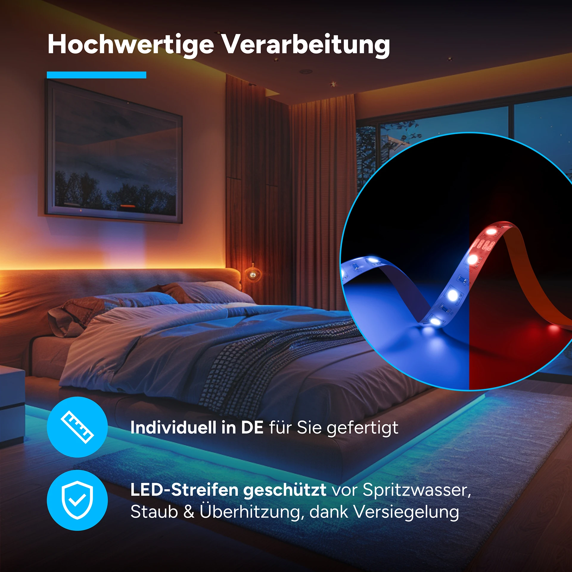 24V LED Streifen Set, 500 cm, Lichtfarbe RGB, mit Netzteil und schwarzer Fernbedienung