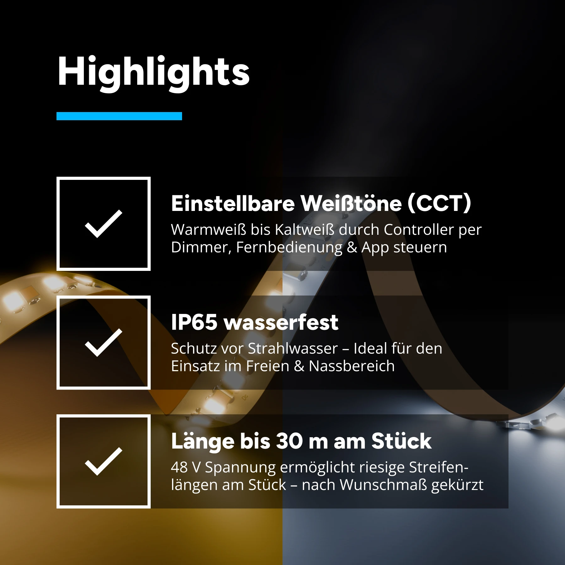 48V wasserfester LED Streifen - CCT - IP65 - 240 LEDs je Meter - alle 10cm teilbar - 20cm - 48 LED Chips - 2,1 Watt - 200 Lumen - 100cm Eingangskabel mit offenen Enden