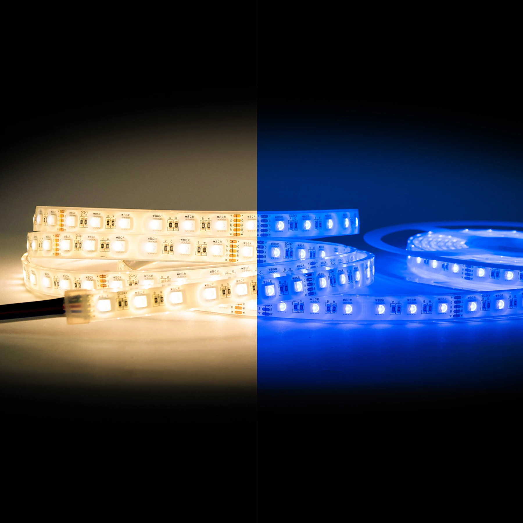24V wasserfester LED Streifen - RGBWW - IP65 - 60 LEDs je Meter - alle 10cm teilbar - 10cm - 6 LED Chips - 1,4 Watt - 120 Lumen - 15cm Eingangskabel mit offenen Enden