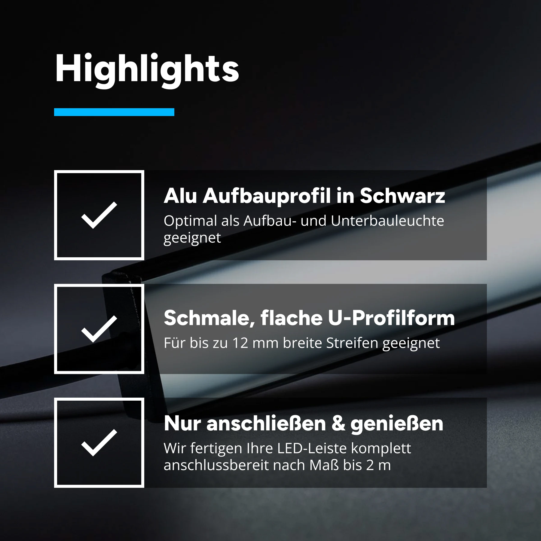 24V Black Line Slim Aluminium LED Leiste - COB - weiß - schwarze Abdeckung - 33cm - 144 LED Chips - 4 Watt - 360 Lumen - mit Ausgangskabel (zum Anschluss einer weiteren LED Leiste) - kein Anschlußkabel zum Netzteil