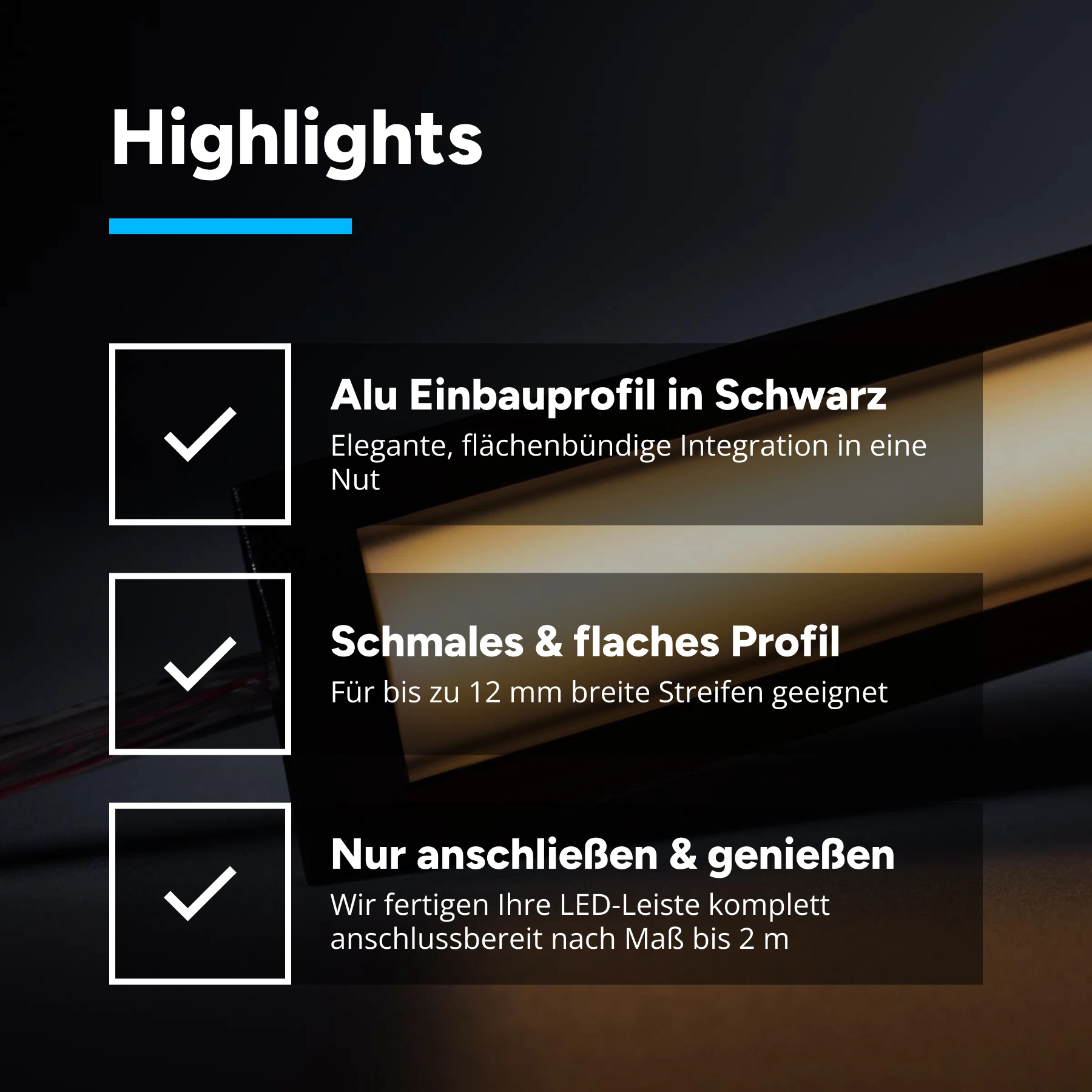 24V Black Line Aluminium Einbau LED Leiste - COB - warmweiß - schwarze Abdeckung - 33cm - 144 LED Chips - 4 Watt - 360 Lumen