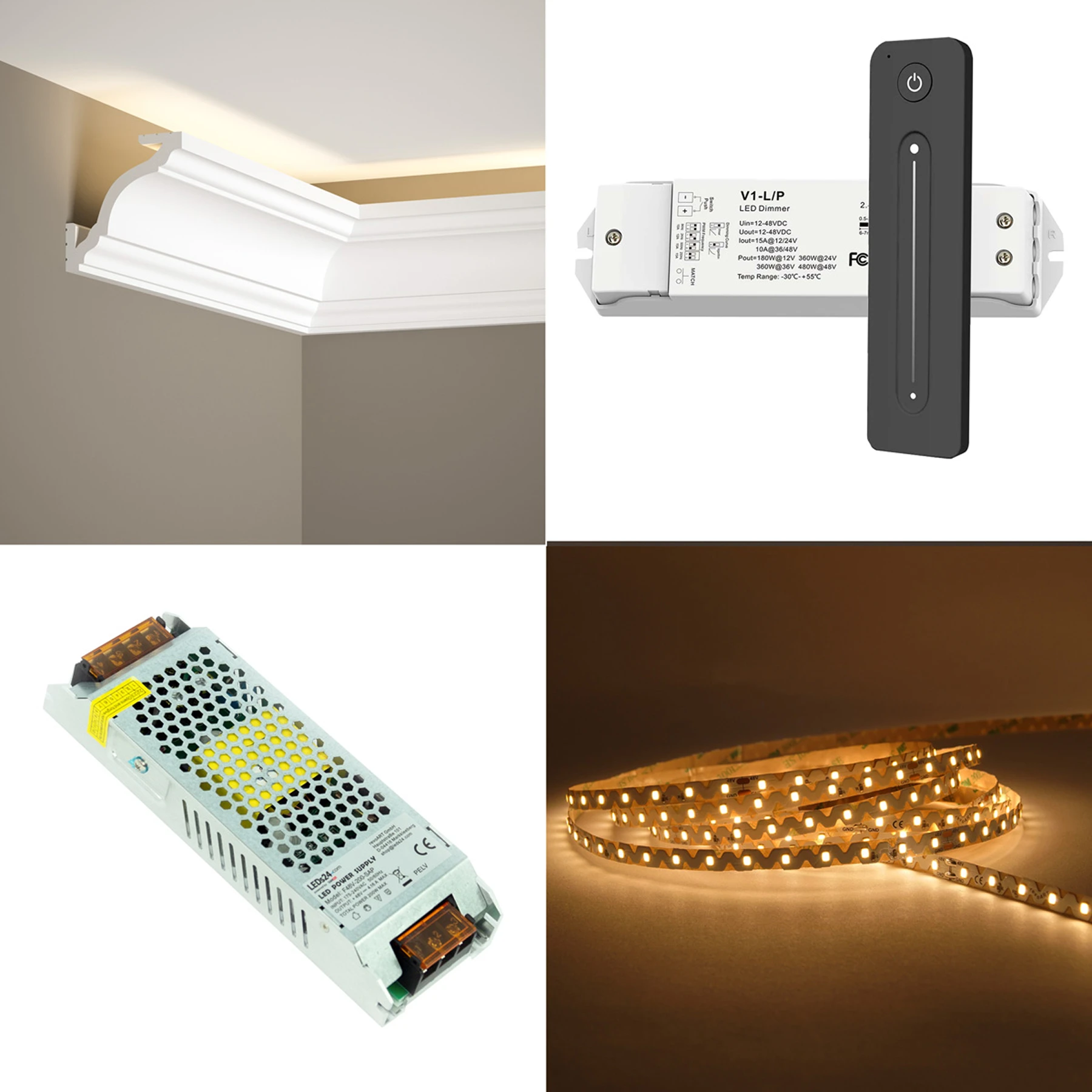 Stuckleisten Set, Gardinenleiste, Stuckprofil mit 48V LED Streifen, Fernbedienung und Netzteil