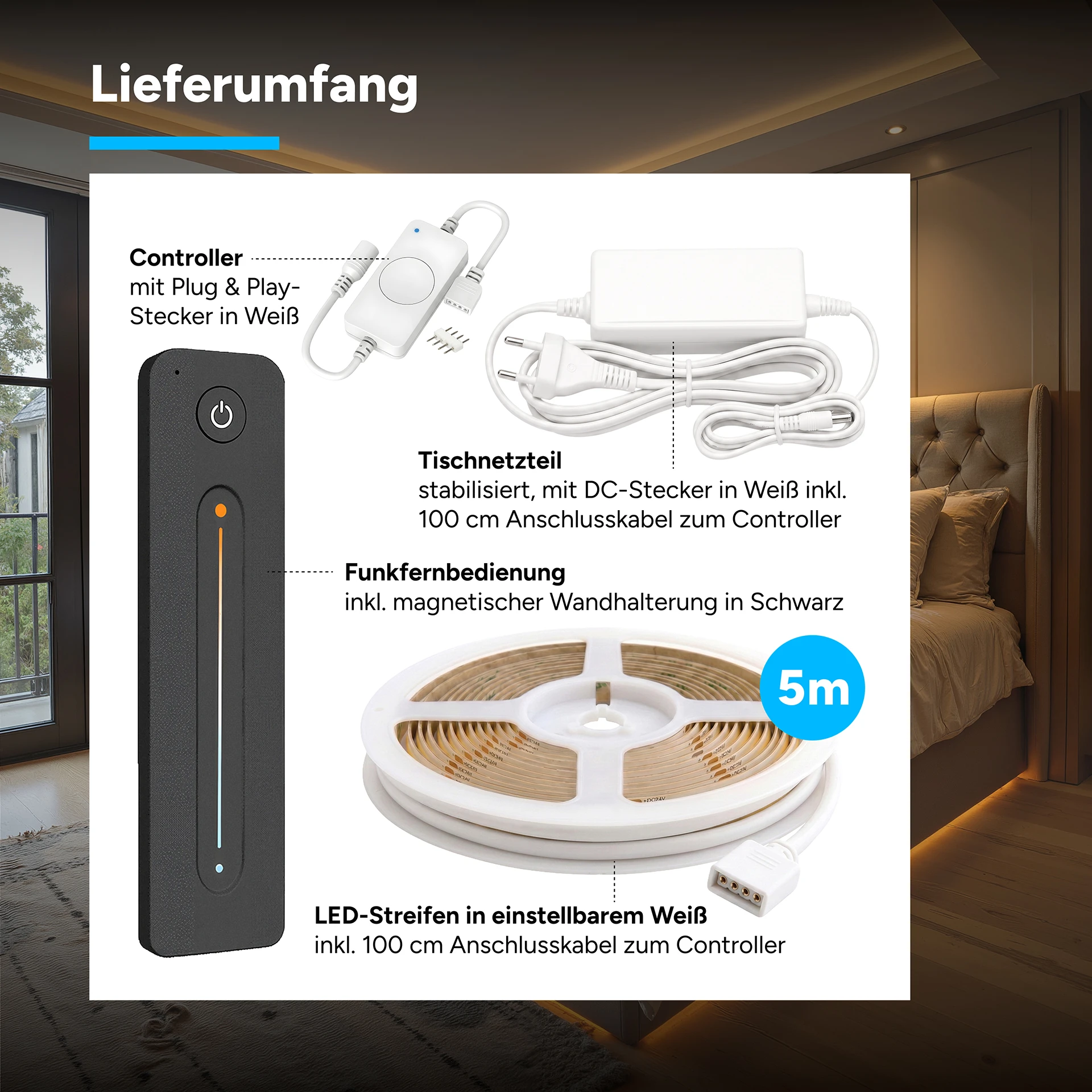 24V LED Streifen Set, 500 cm, Lichtfarbe weiß einstellbar, mit Netzteil und schwarzer Fernbedienung