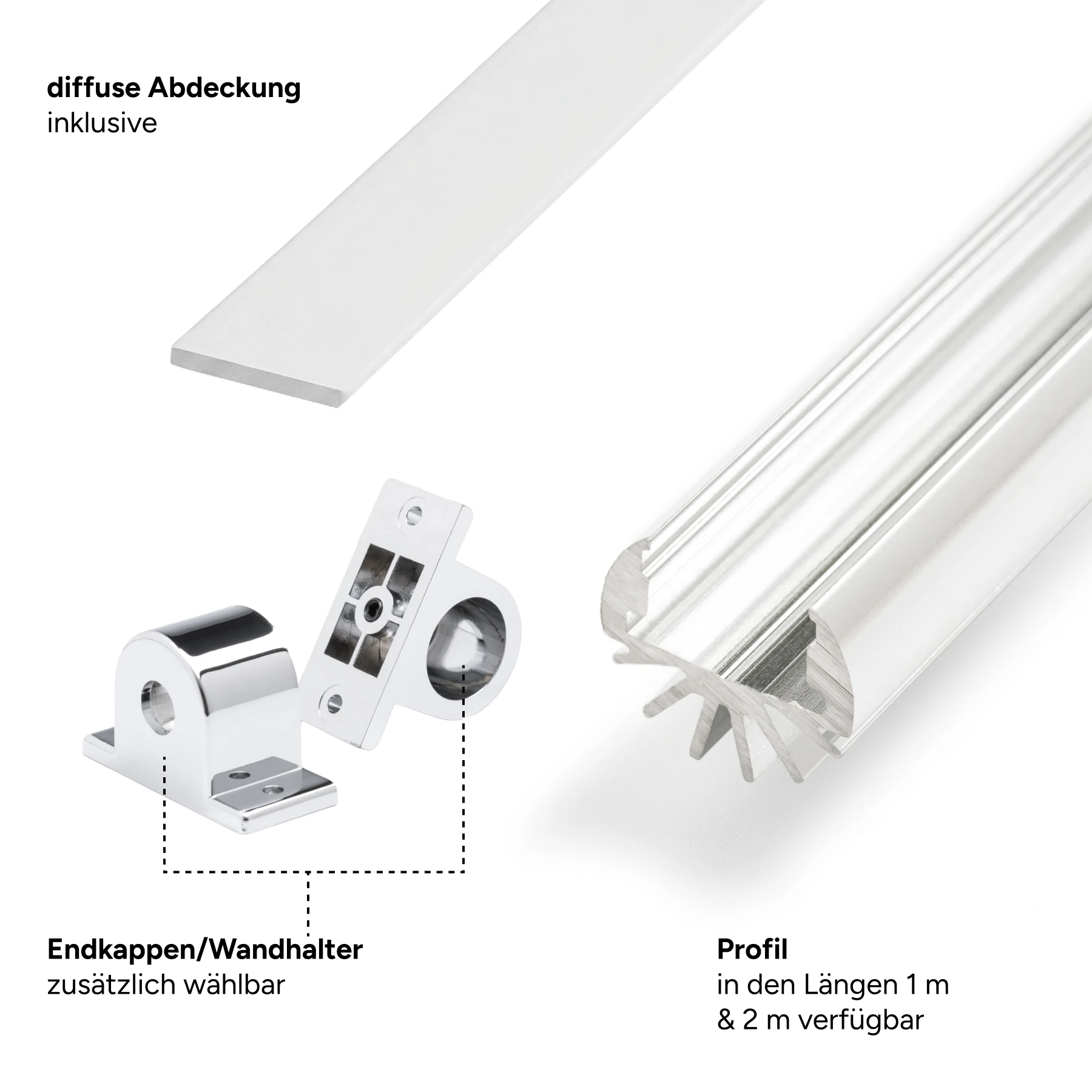 Aluminium LED Rund Profil, select, diffuse Abdeckung, 1,6cm x 1,38cm 100cm Länge