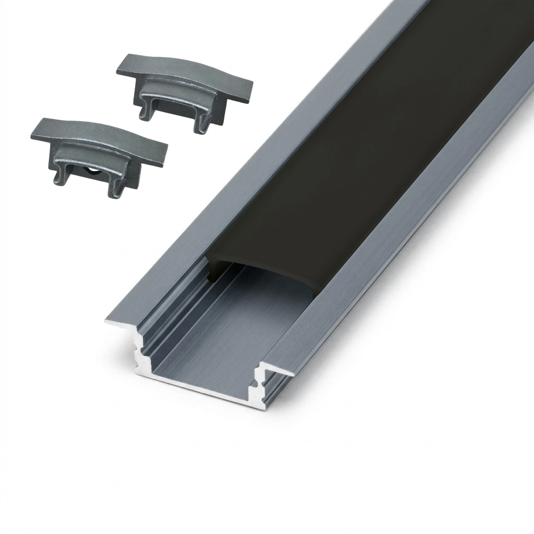 graues Aluminium LED Einbau Profil in Wunschlänge, slim, 2,48 x 0,7cm 161 cm_mit schwarzer Abdeckung_2er Set - einseitig mit Loch