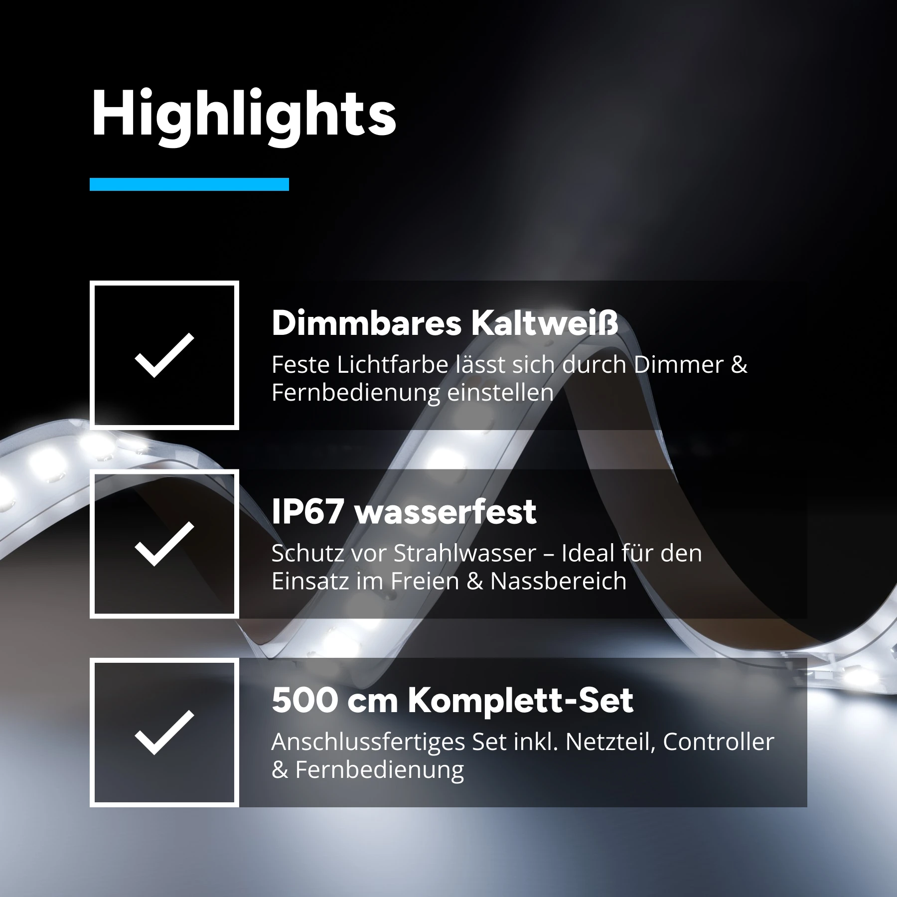 wasserfestes 24V LED Streifen Set mit Fernbedienung und Netzteil, 500cm Länge, Lichtfarbe weiß, IP67 mit Steckdosen Netzteil