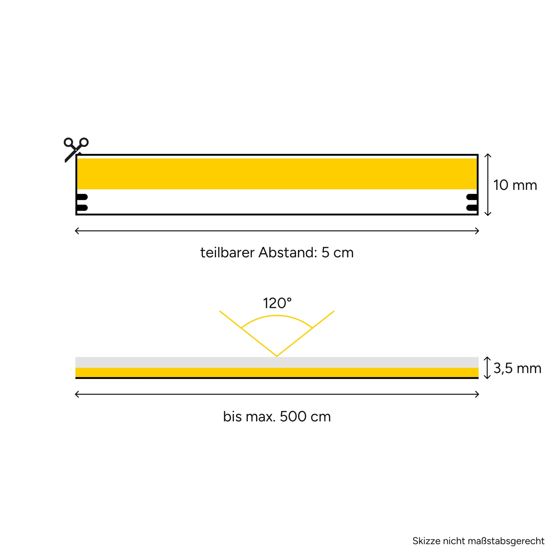 12V COB LED Streifen - weiß  - seitlich abstrahlend - alle 5cm teilbar - 5cm - 20 LED Chips - 0,6 Watt - 15 Lumen - ohne Eingangskabel - Löten erforderlich