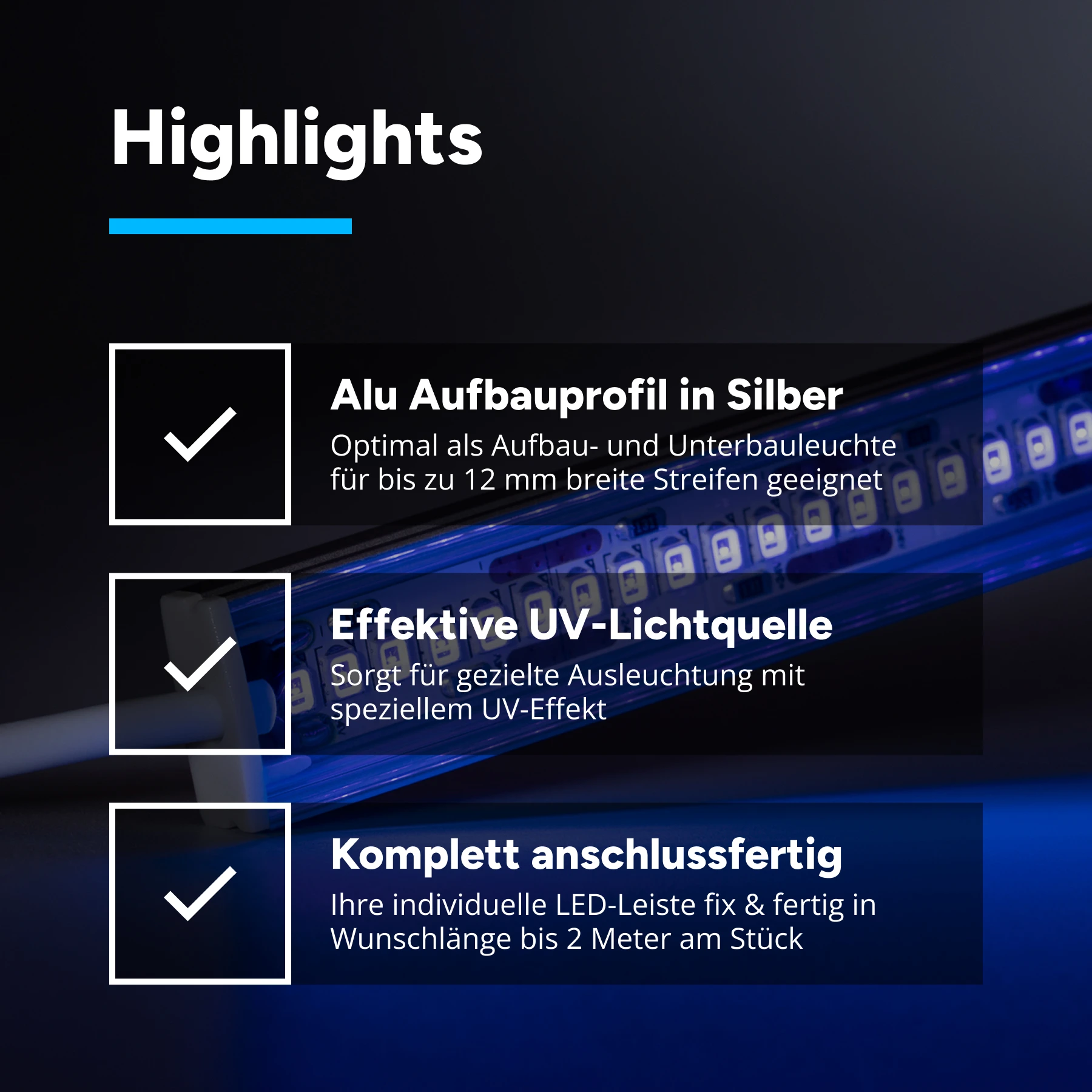 24V Slim-Line Aluminium LED Leiste - UV - transparente Abdeckung - 33cm - 72 LEDs - 6W - kein Anschlußkabel zum Netzteil - mit Ausgangskabel (zum Anschluss einer weiteren LED Leiste)