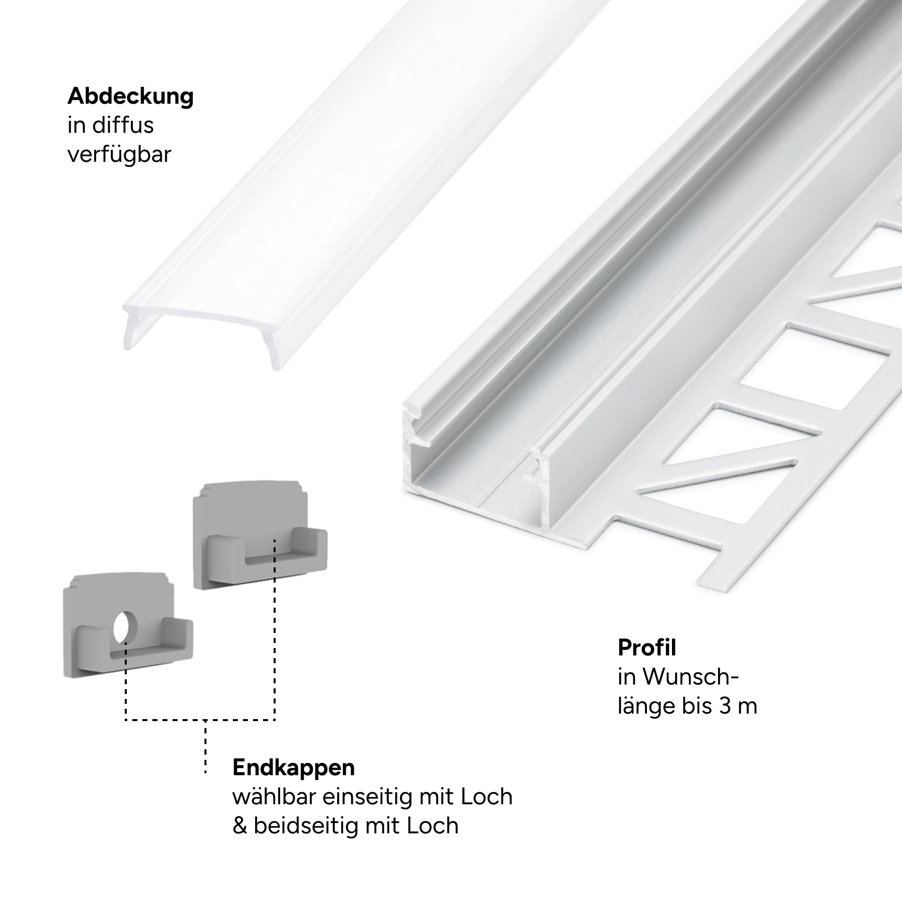 Aluminium LED Profil Fliesenabschluss, ideal, 1,7 x 1,1 x 15cm - ohne Abdeckung - ohne Endkappen