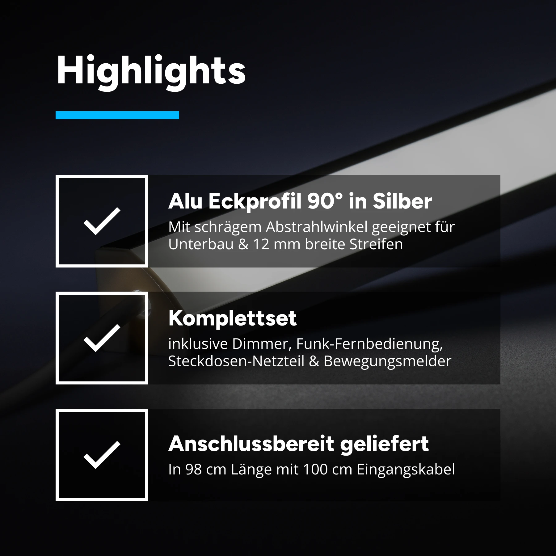 24V LED Eckleisten Set mit Fernbedienung,Netzteil und Bewegungsmelder,98cm Länge,Lichtfarbe weiß