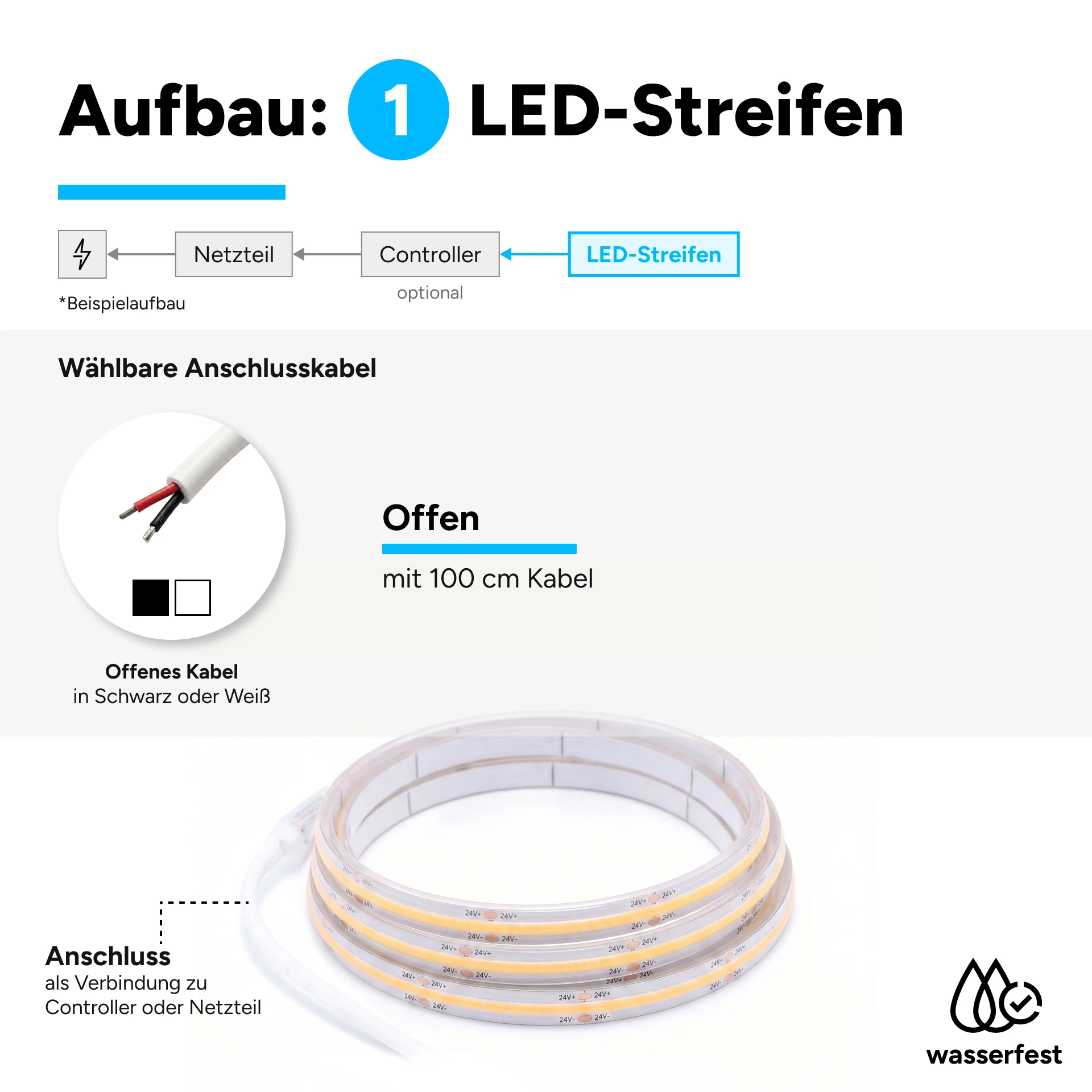 24V wasserfester COB LED Streifen - warmweiß - IP65 - 480 LEDs je Meter - alle 5 cm teilbar - 10 cm - 48 LEDs - 0,7 Watt - 69 Lumen