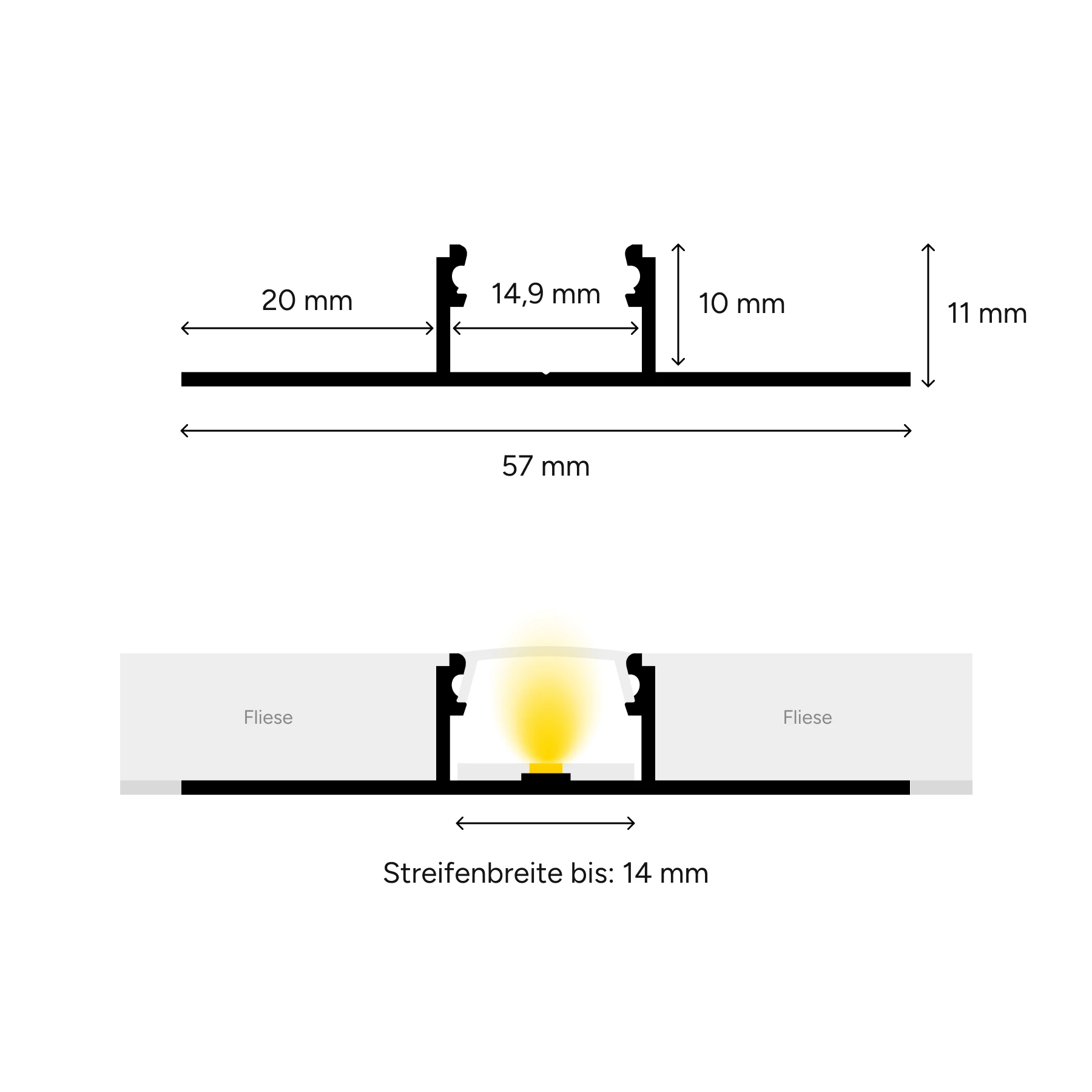 24V wasserfeste Fliesen LED Leiste - T-Profil - COB - Neutralweiß - diffuse Abdeckung - IP65 - 33cm - 144 LED Chips - 3 Watt - 296 Lumen