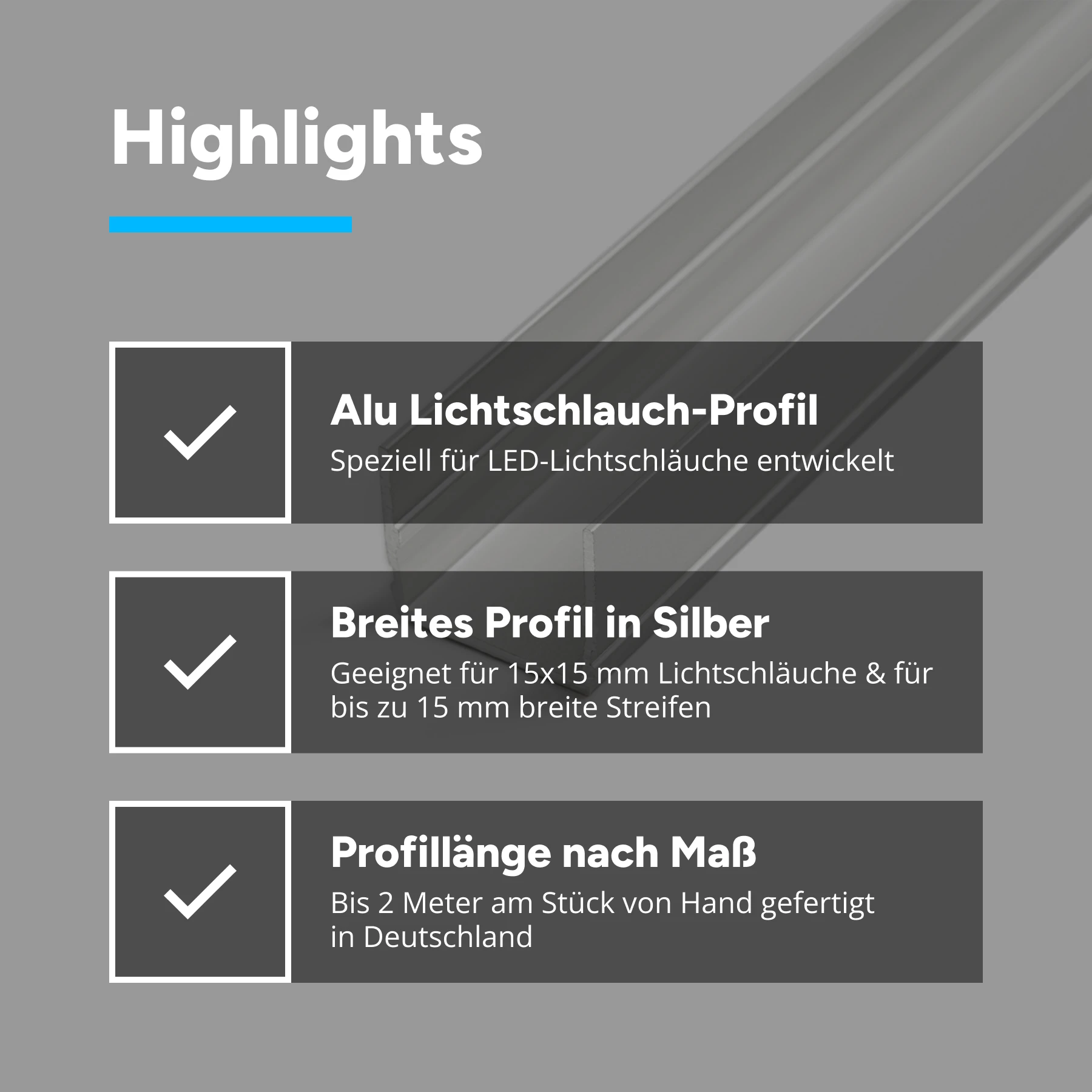 Aluminium LED Profil für 15 x 15mm Neon Streifen, 1,9 x 1,6 x 46cm