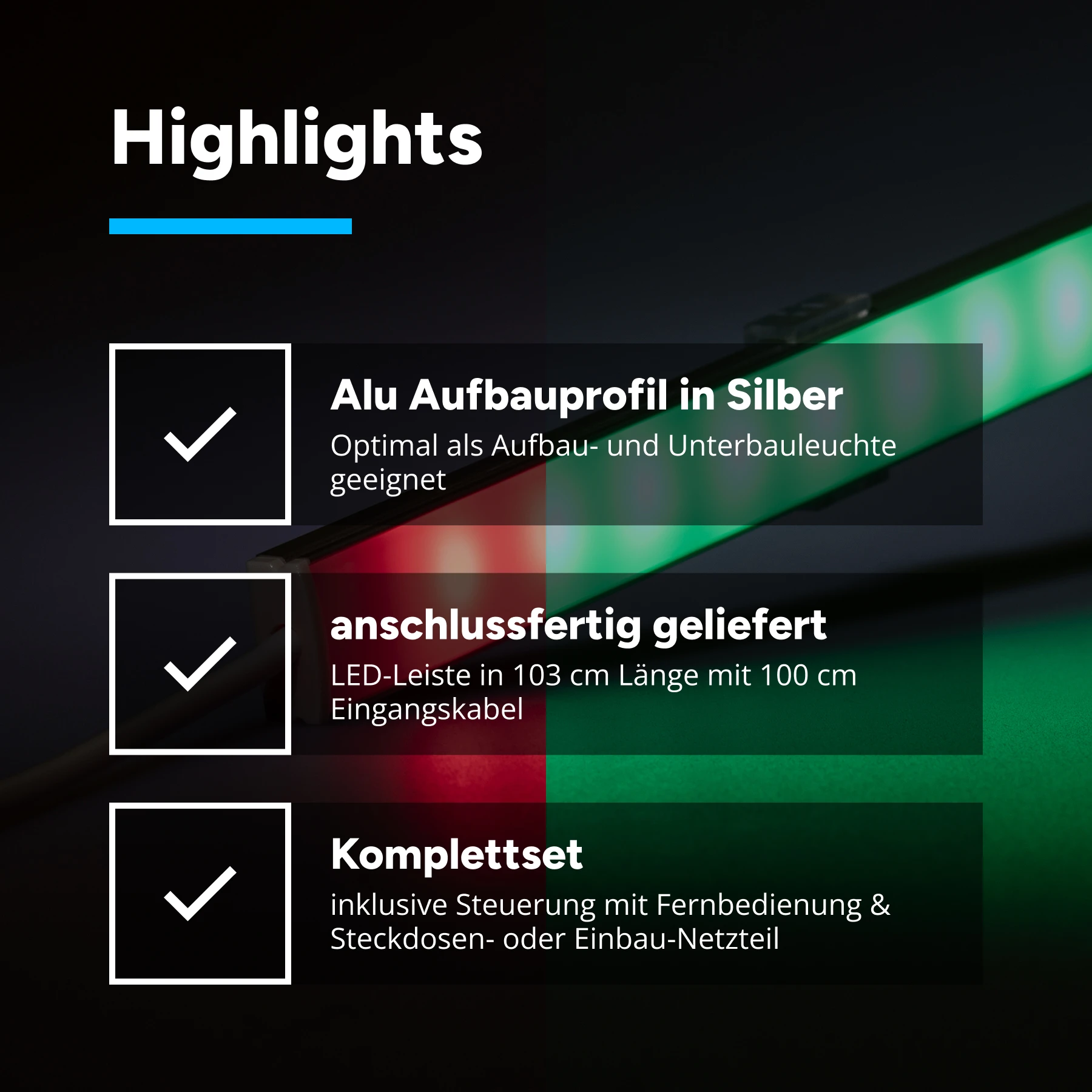 12V RGB LED Leisten Set mit Fernbedienung und Netzteil, 103cm Länge, Farbwechsel mit Einbaunetzteil