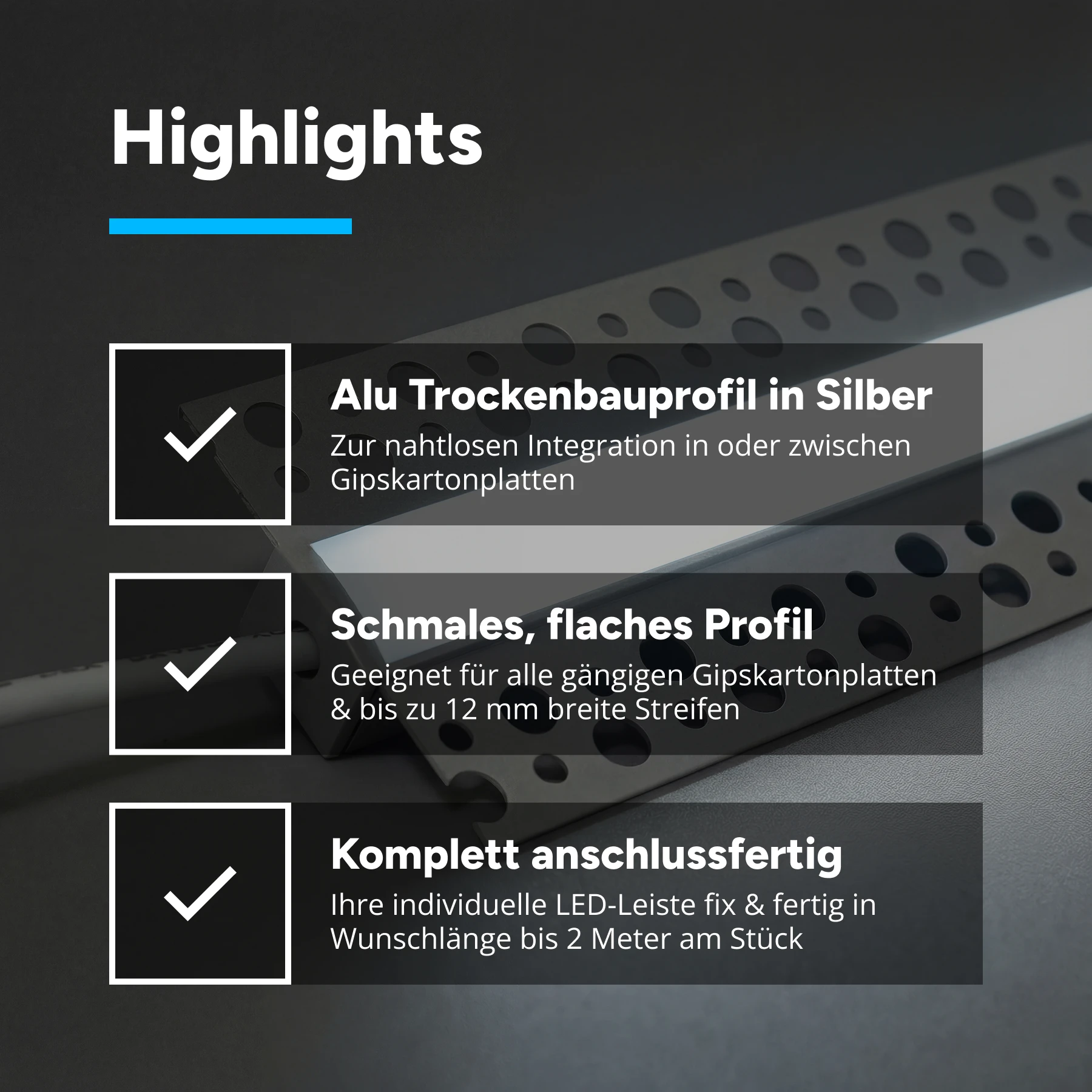24V Aluminium Trockenbau COB LED Leiste schmal - weiß - diffuse Abdeckung - 33cm - 144 LED Chips - 4 Watt - 360 Lumen