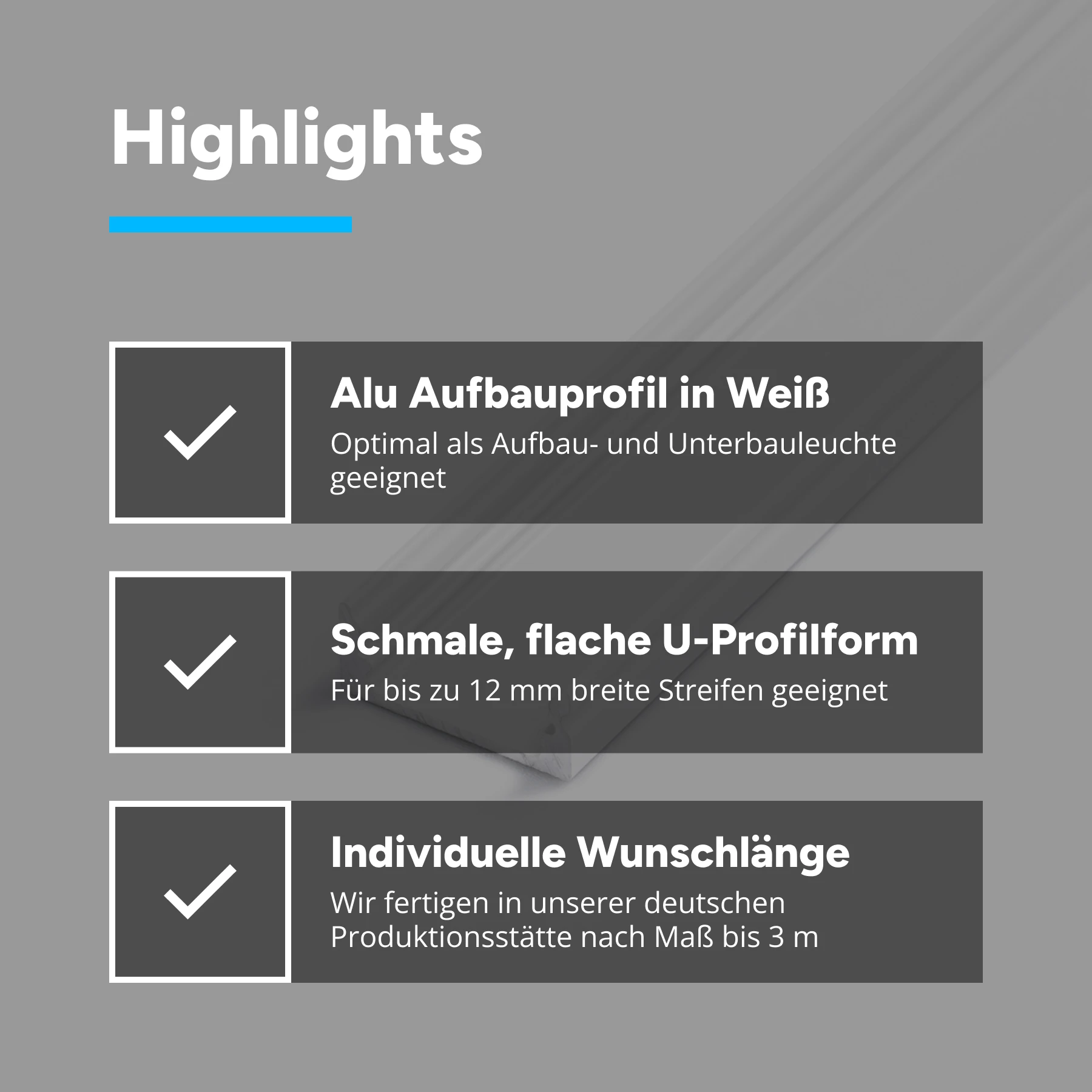 weißes Aluminium LED Aufputz Profil, slim, 1,71 x 0,8 x 15cm - ohne Abdeckung - ohne Endkappen