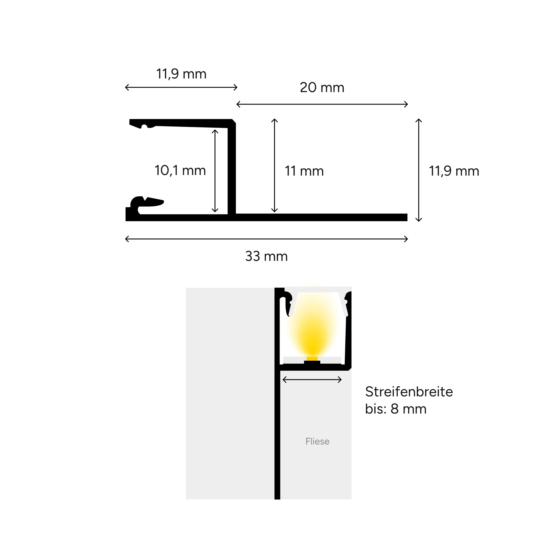 24V wasserfeste Fliesen LED Leiste - nach oben abstrahlend - COB - Neutralweiß - diffus - IP65 - 33cm - 144 LED Chips - 3 Watt - 296 Lumen
