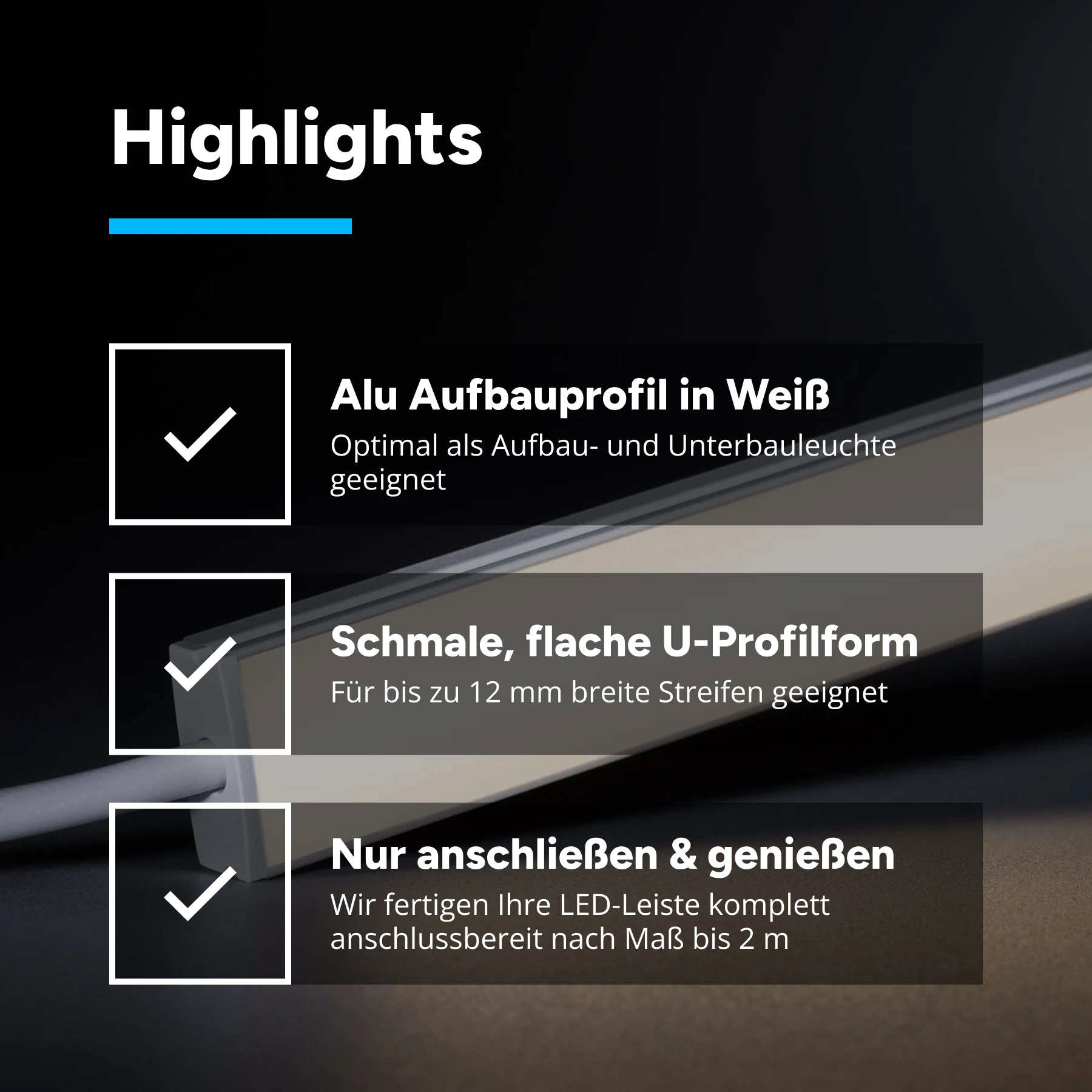 24V White Line Slim Aluminium LED Leiste - COB - neutralweiß - diffuse Abdeckung - 33cm - 144 LED Chips - 4 Watt - 360 Lumen - kein Anschlußkabel zum Netzteil - mit Ausgangskabel (zum Anschluss einer weiteren LED Leiste)