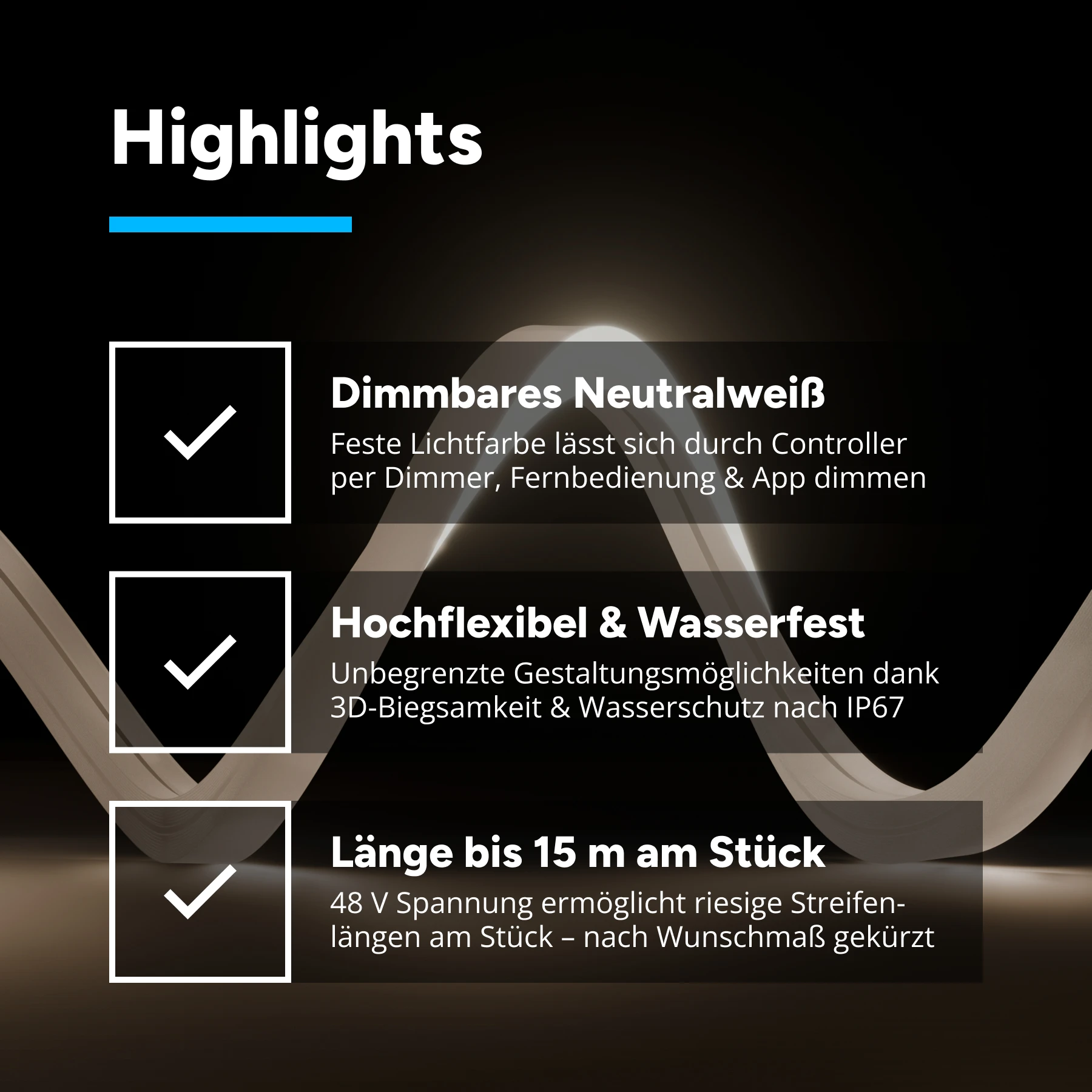 48V wasserfester flexibler LED Lichtschlauch - neutralweiß - diffus - Neon-Effekt - IP67 - 16x15mm - 937,5cm - 1200 LEDs - 93,8 Watt - 8438 Lumen - 100cm Eingangskabel mit offenen Enden