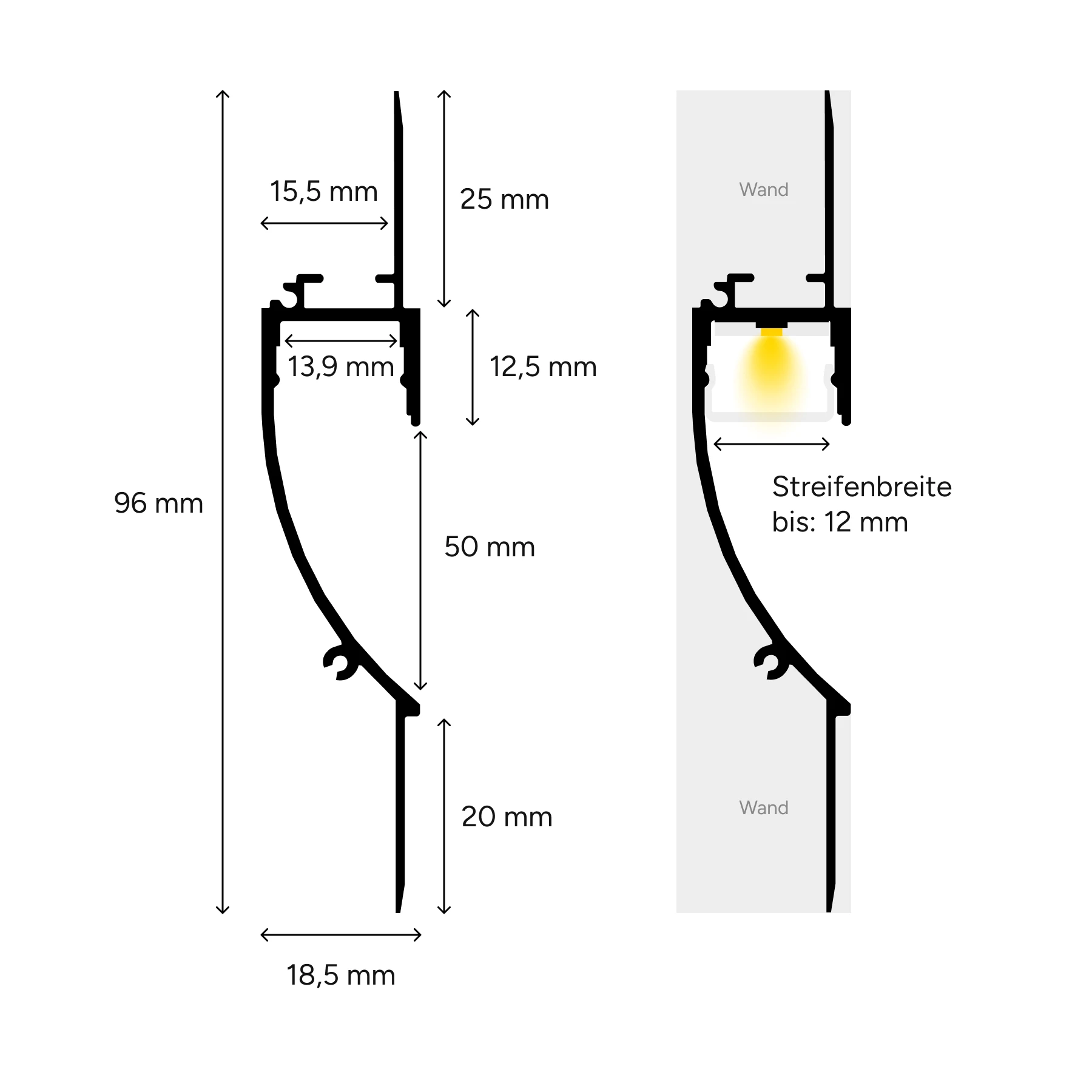 weißes Aluminium LED Unterputz Profil, Trockenbau indirekt, 5,3 x 1,85 x 15cm - ohne Abdeckung - ohne Endkappen