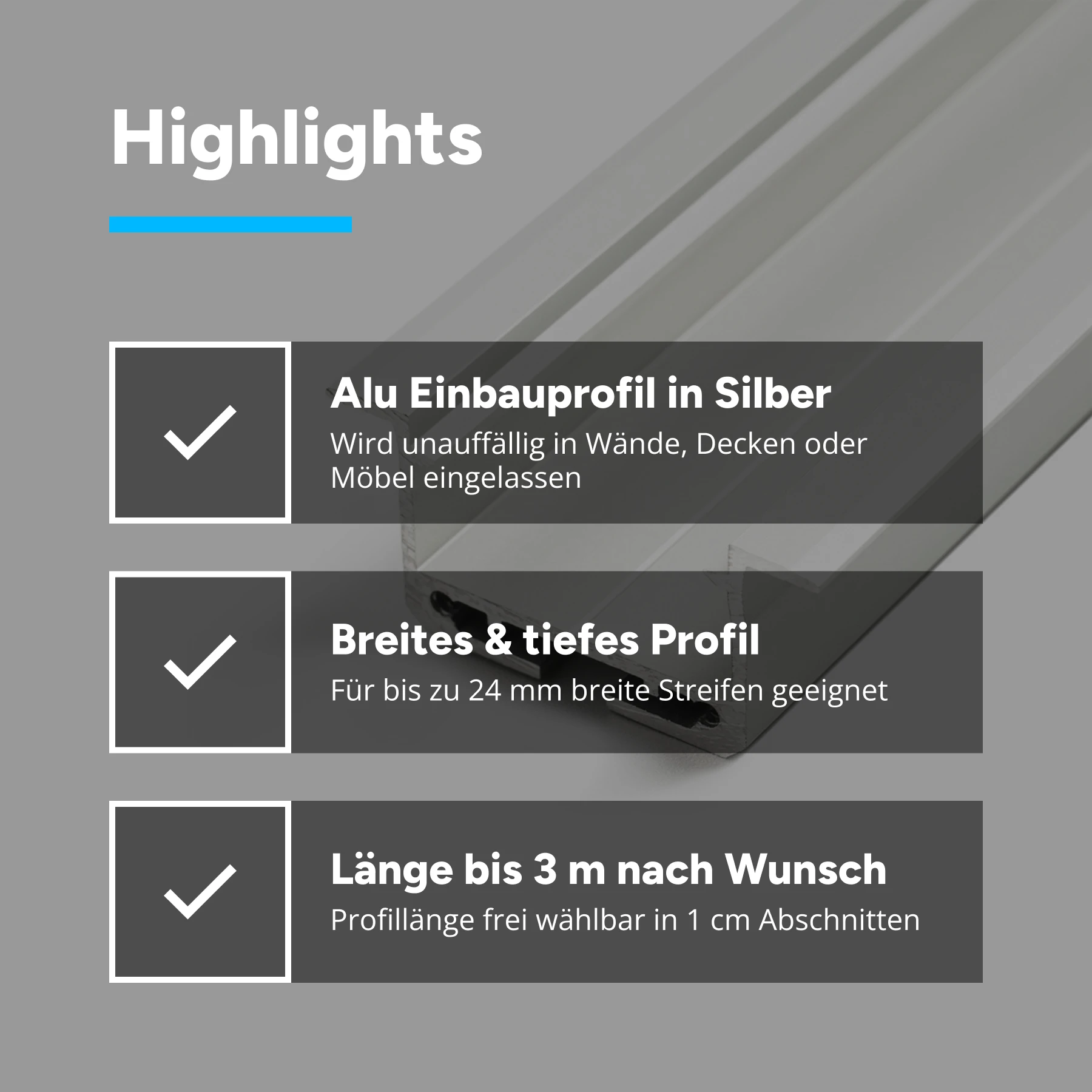Aluminium LED Einbau Profil, ideal, 3,84 x 1,81 x 144cm - ohne Abdeckung - ohne Endkappen