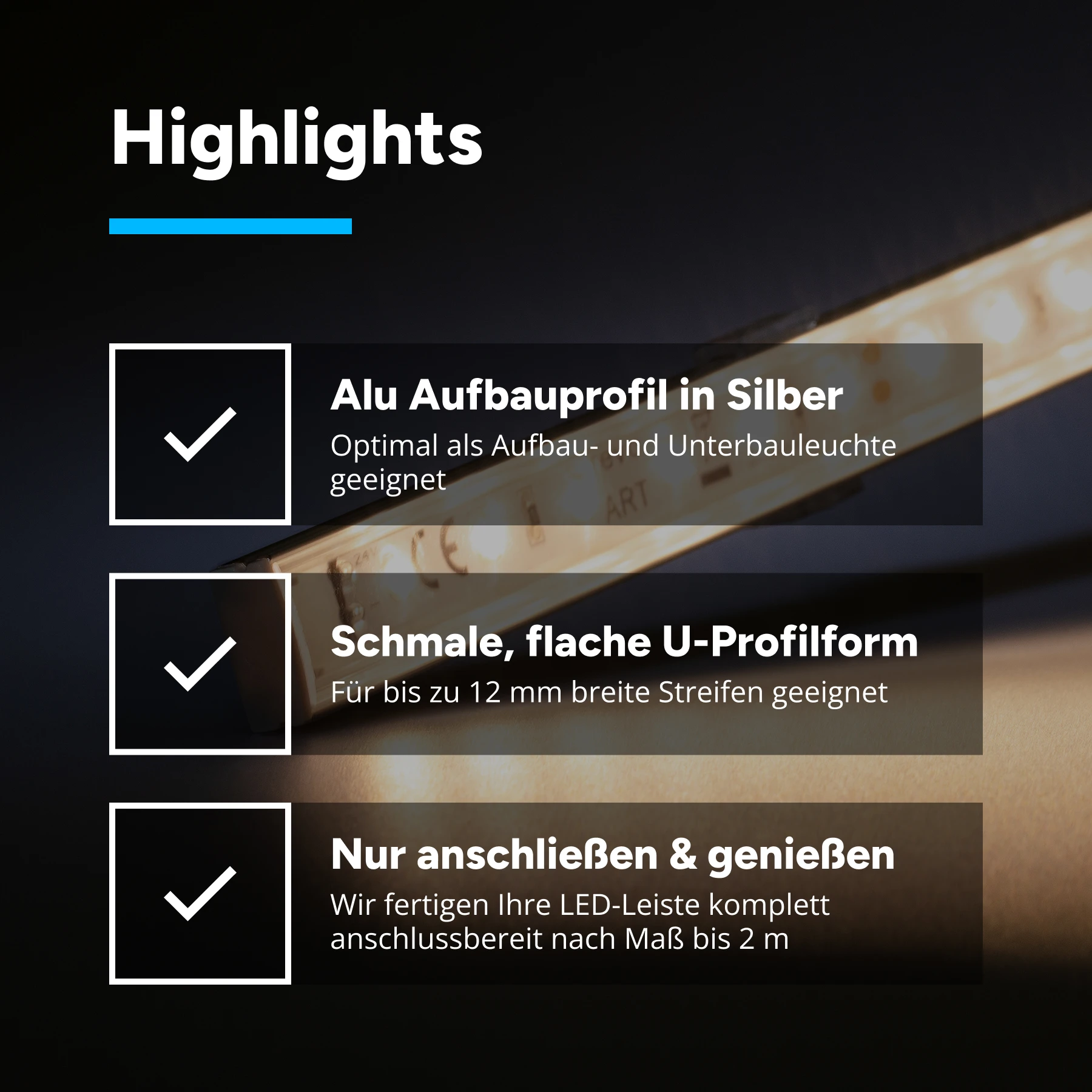 Slim-Line Aluminium LED-Leiste - Abdeckung klar - 24V - neutralweiß 4500K - kein Anschlußkabel zum Netzteil - 33cm mit 42 SMD LEDs - 6 Watt 432 Lumen