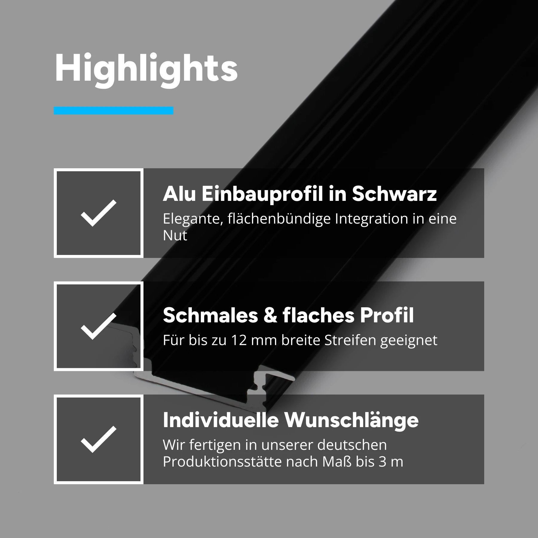 schwarzes Aluminium LED Einbau Profil, slim, 2,32 x 0,8 x 15cm - ohne Abdeckung - ohne Endkappen
