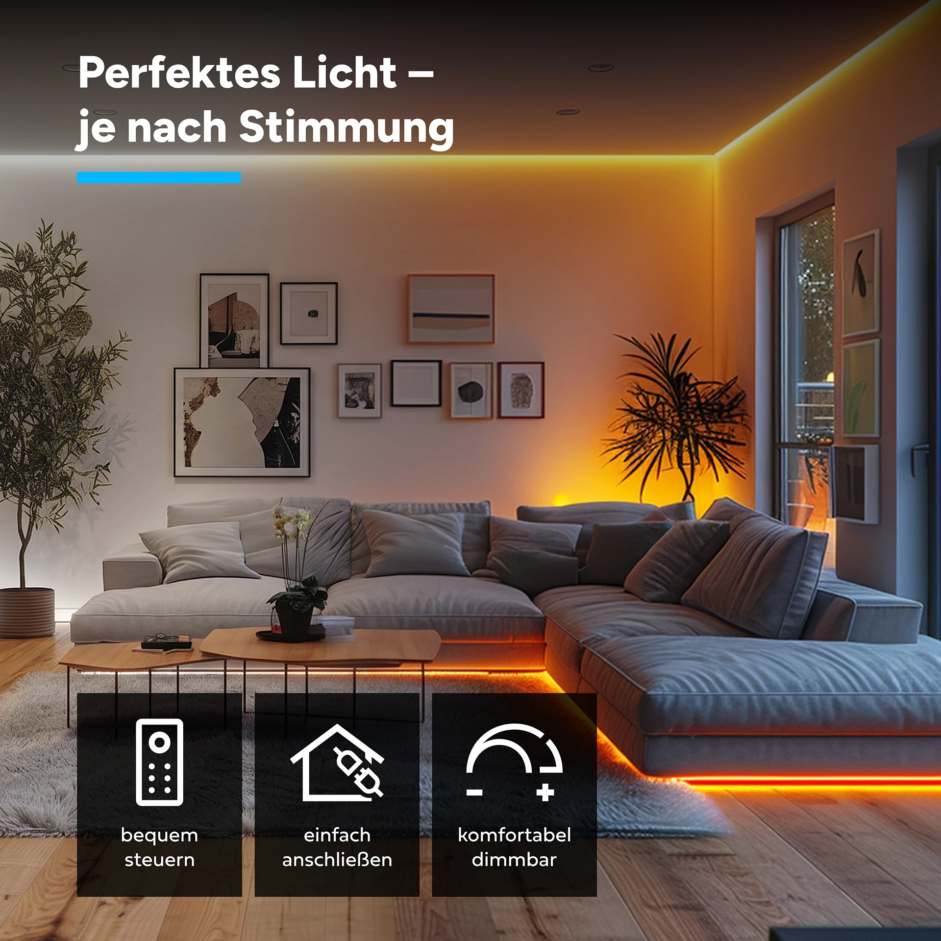 24V LED Streifen Set, 500 cm, Lichtfarbe weiß einstellbar, mit Netzteil und weißer Fernbedienung