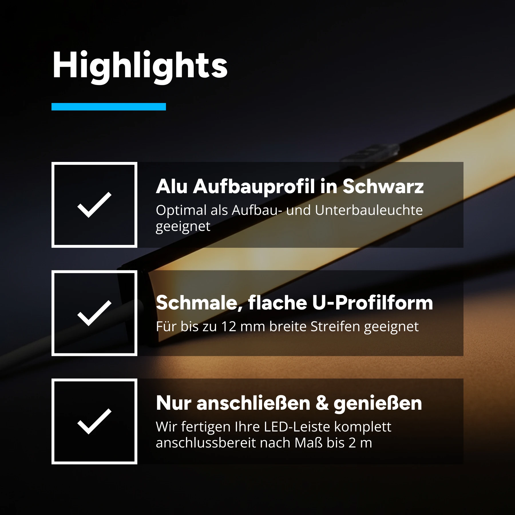 24V Black Line Slim Aluminium LED Leiste - COB - warmweiß - diffuse Abdeckung - 33cm - 144 LED Chips - 4 Watt - 360 Lumen - mit Ausgangskabel (zum Anschluss einer weiteren LED Leiste) - kein Anschlußkabel zum Netzteil