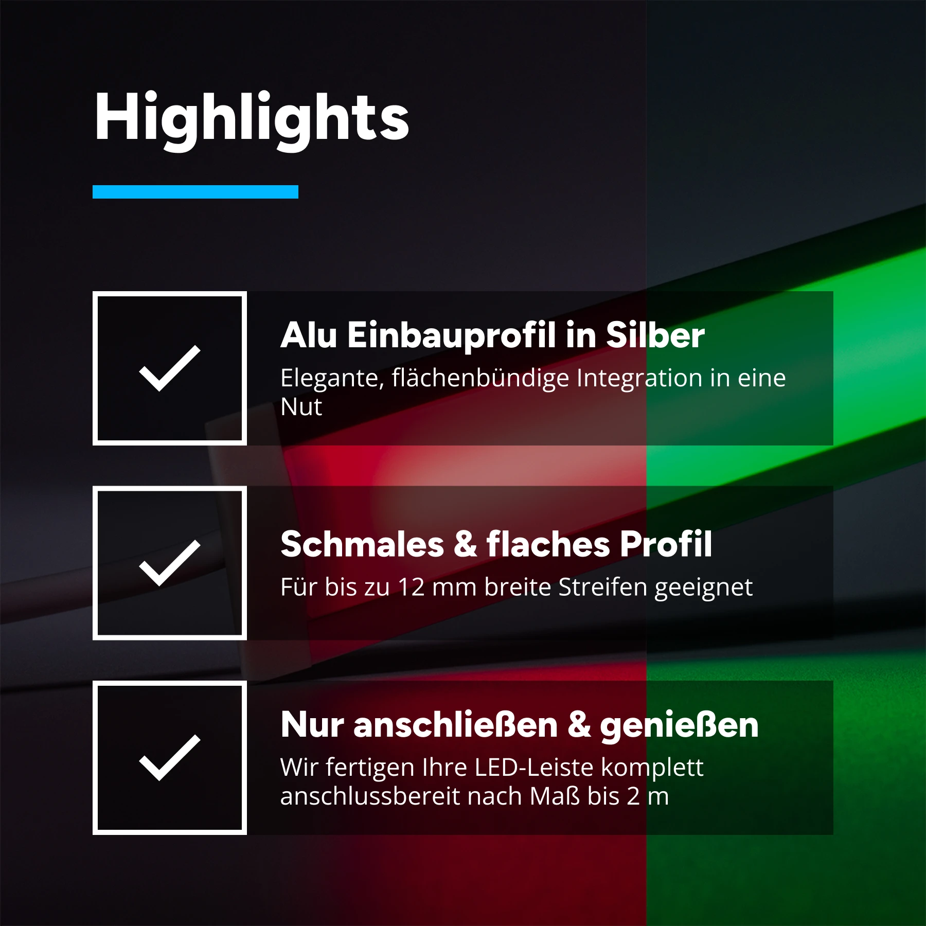 24V Aluminium Einbau COB LED Leiste schmal - RGB - diffuse Abdeckung - 33cm - 252 LED Chips - 4,5 Watt - 224 Lumen