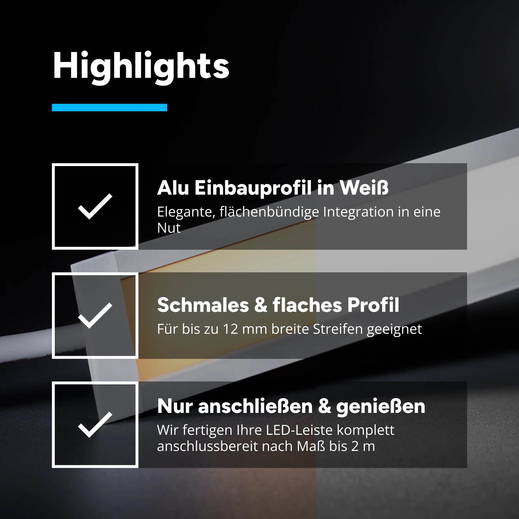 24V White Line Aluminium Einbau LED Leiste - COB - warmweiß - diffuse Abdeckung - 33cm - 144 LED Chips - 4 Watt - 360 Lumen