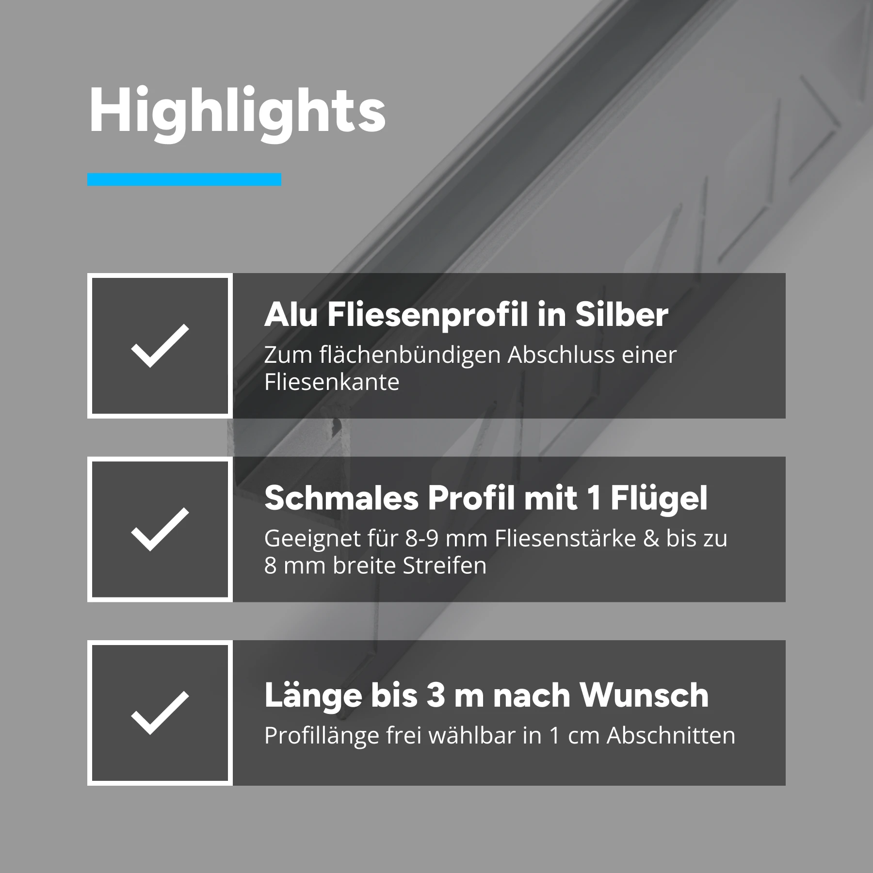 Aluminium LED Profil Fliesenabschluss, nach oben abstrahlend, 1,19 x 1,2 x 15cm - ohne Abdeckung - ohne Endkappen