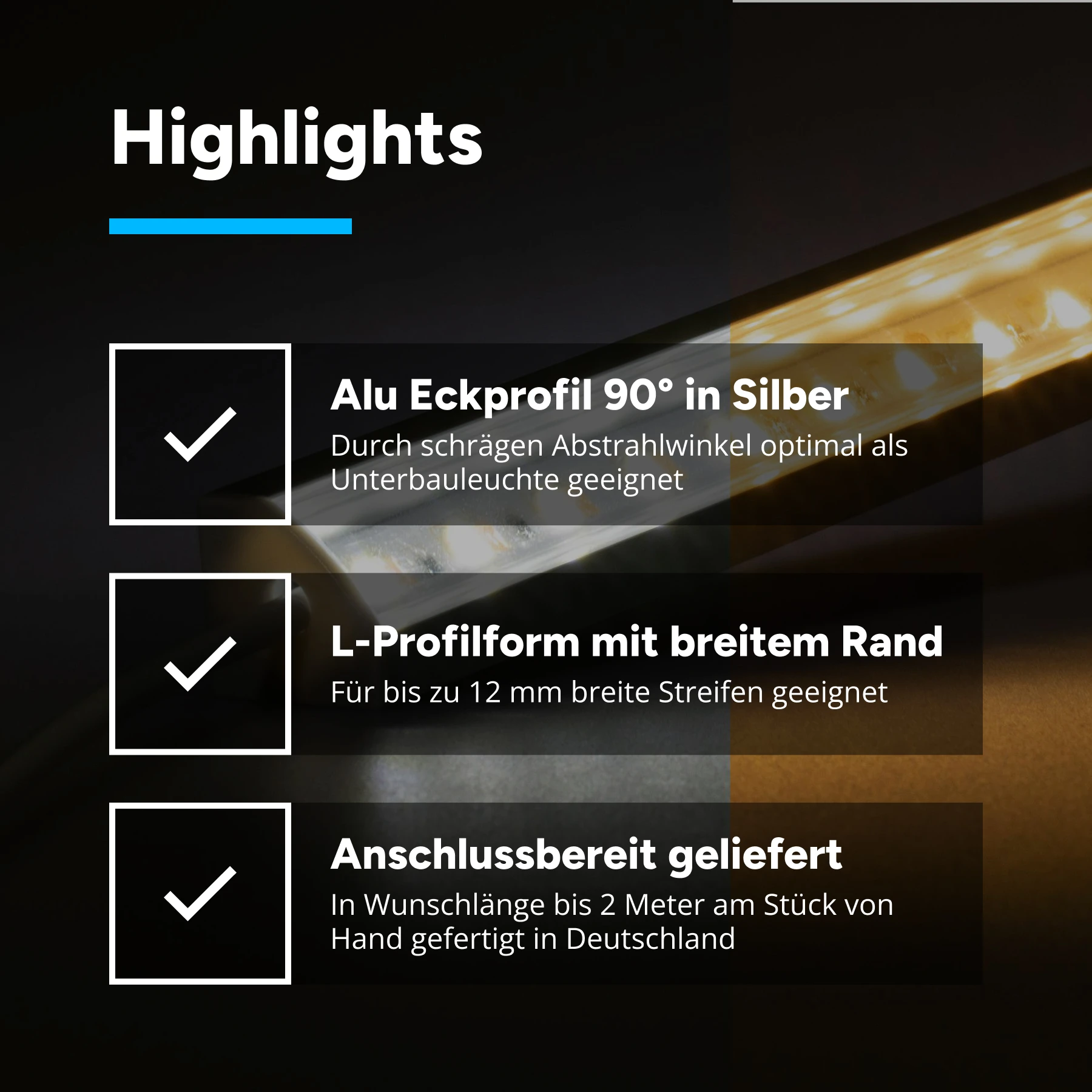 24V  Aluminium LED Eckleiste – einstellbare Farbtemperatur – transparente Abdeckung - 23 cm mit 28 SMD LEDs - 5,5 Watt - 320 Lumen