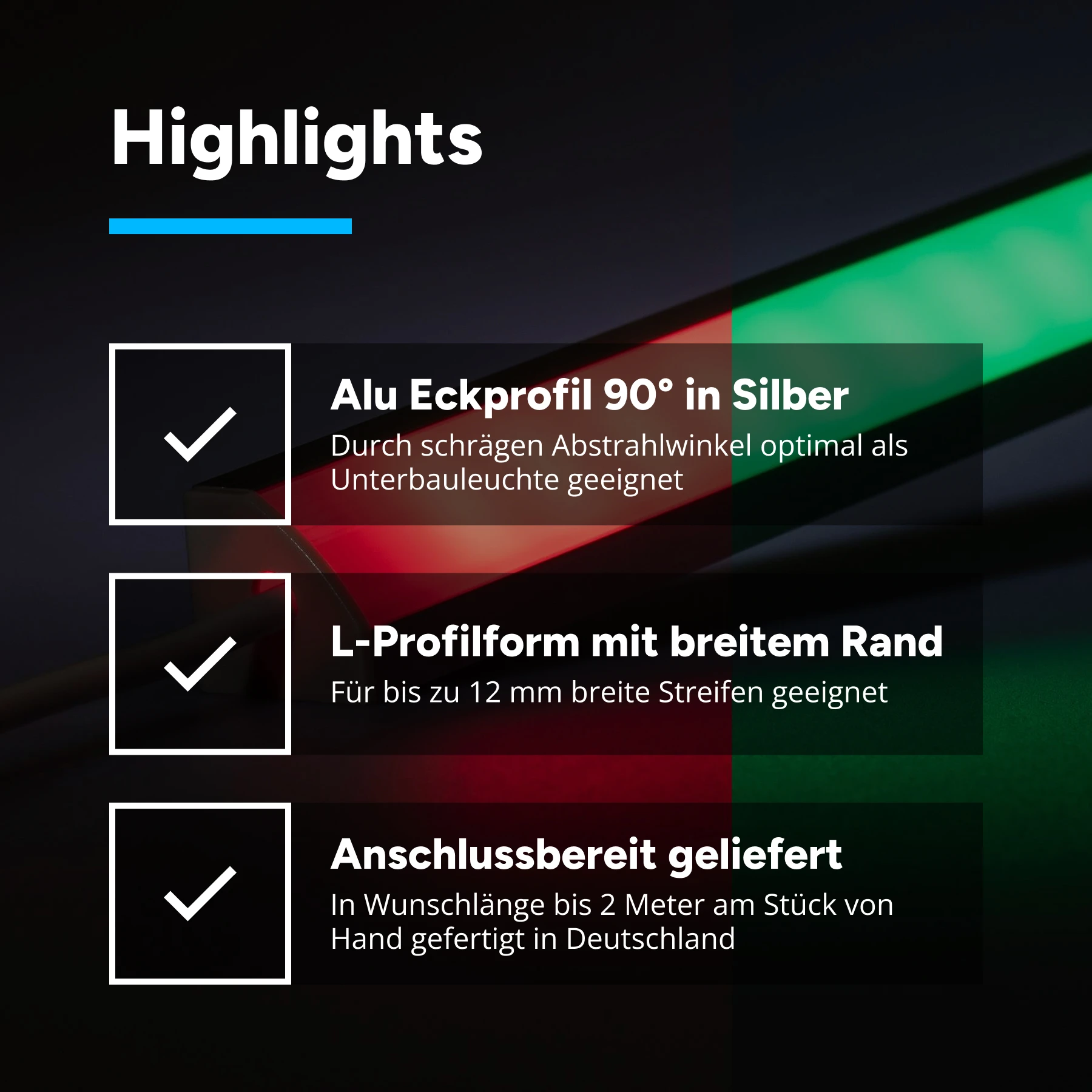 24V  Aluminium LED Eckleiste – RGB – diffuse Abdeckung - 23 cm mit 14 SMD LEDs - 3 Watt - 140 Lumen
