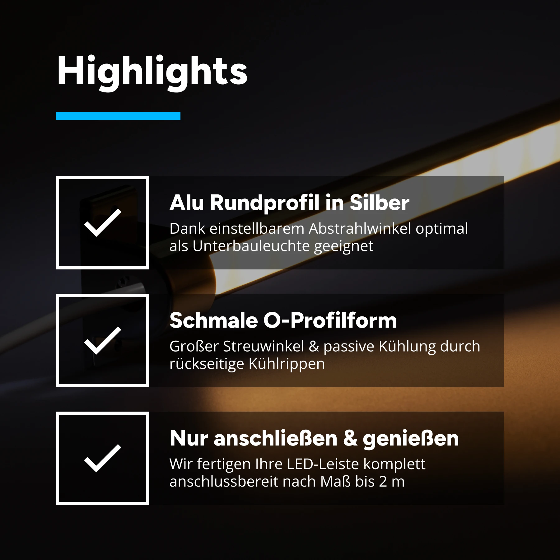 12V Aluminium LED Leiste - einstellbare Abstrahlrichtung – warmweiß – diffuse Abdeckung - kein Anschlußkabel zum Netzteil - 33cm mit 18 SMD LEDs - 3,5 Watt - 210 Lumen