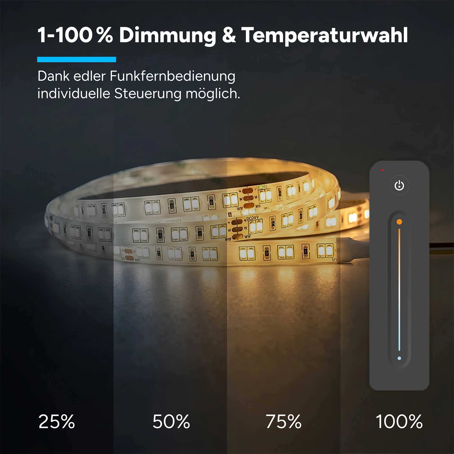 24V LED Streifen Set, 500 cm, Lichtfarbe weiß einstellbar, mit Netzteil und schwarzer Fernbedienung
