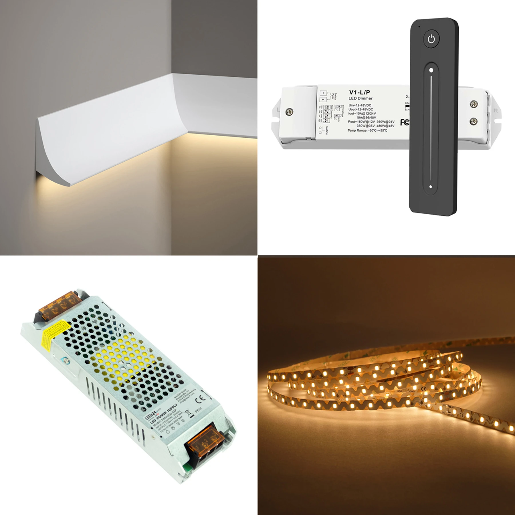 Stuckleisten Set -  Wandleiste -  Stuckprofil mit 48V LED Streifen - Fernbedienung und Netzteil