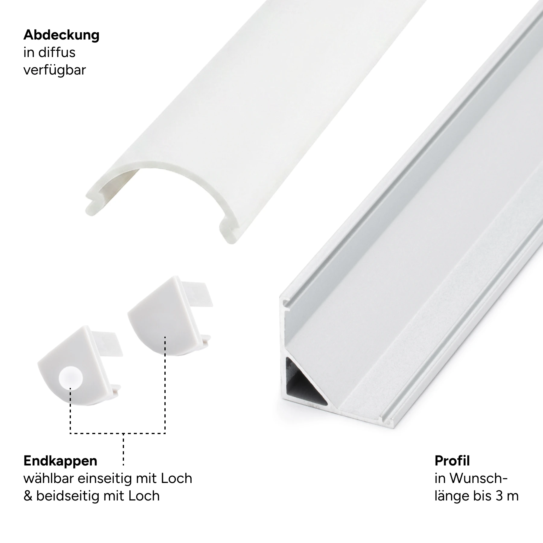 Aluminium LED Eck Profil, round line, 1,6 x 1,6 x 15cm - ohne Abdeckung - ohne Endkappen