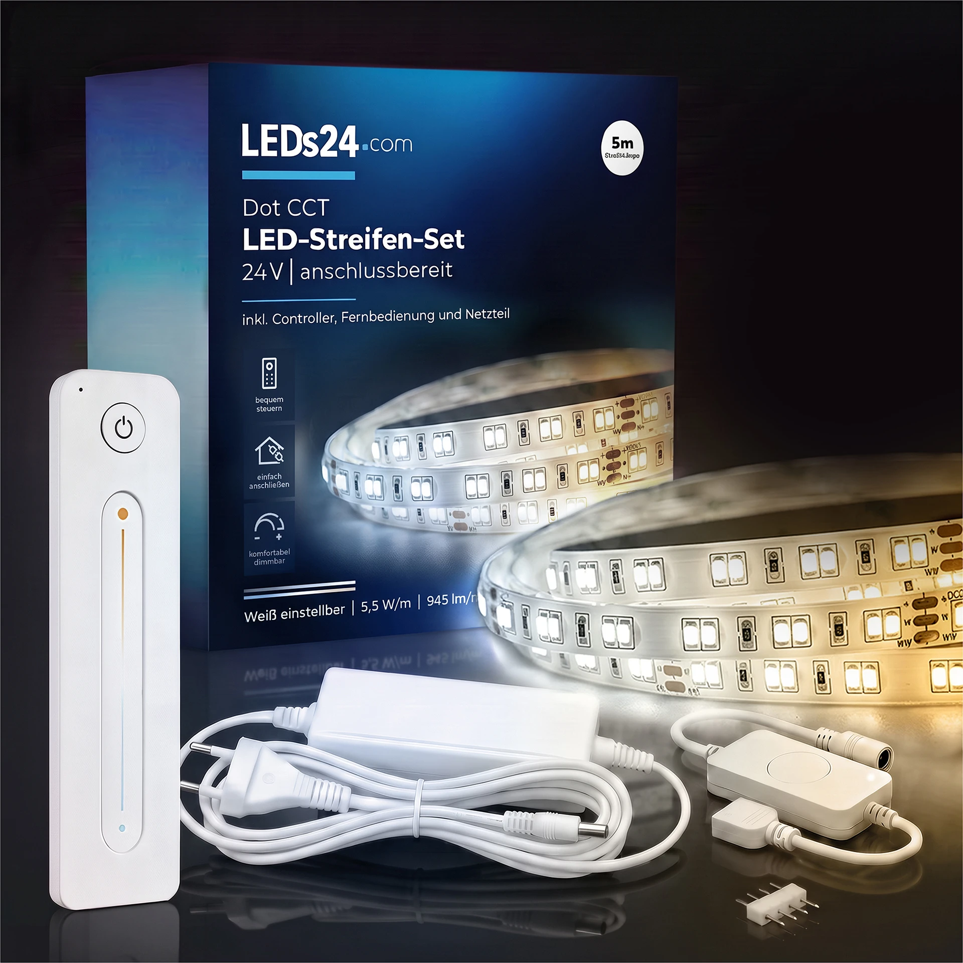 24V LED Streifen Set, 500 cm, Lichtfarbe weiß einstellbar, mit Netzteil und weißer Fernbedienung