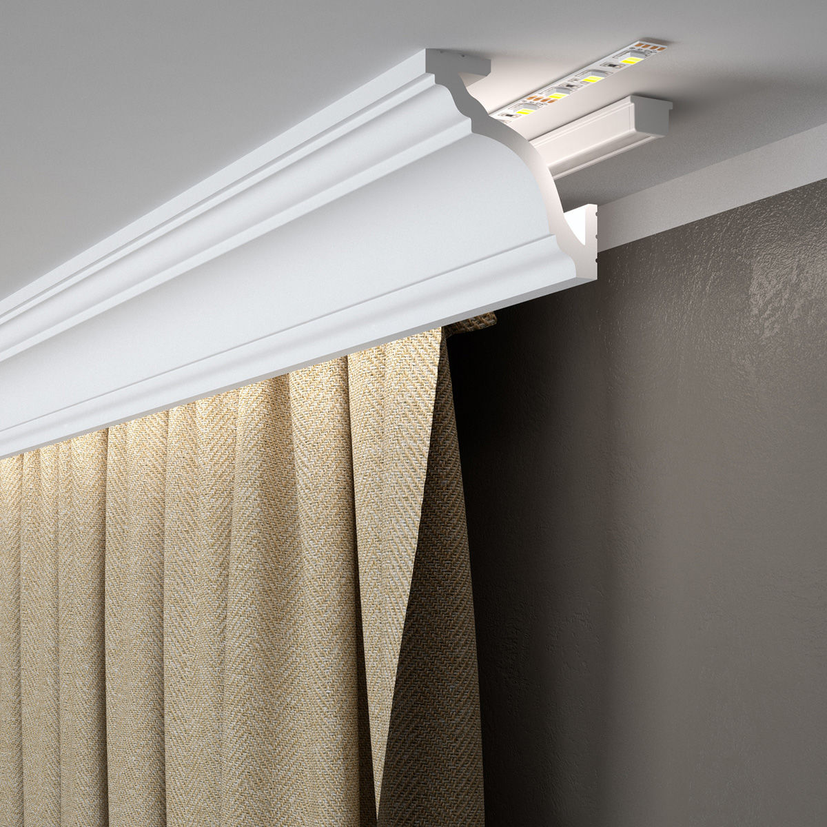 Lichtvouten Set, Gardinenleiste, Stuckprofil mit 48V LED Streifen, Fernbedienung und Netzteil - 2 Meter fortlaufend - Neutralweiß 4000K
