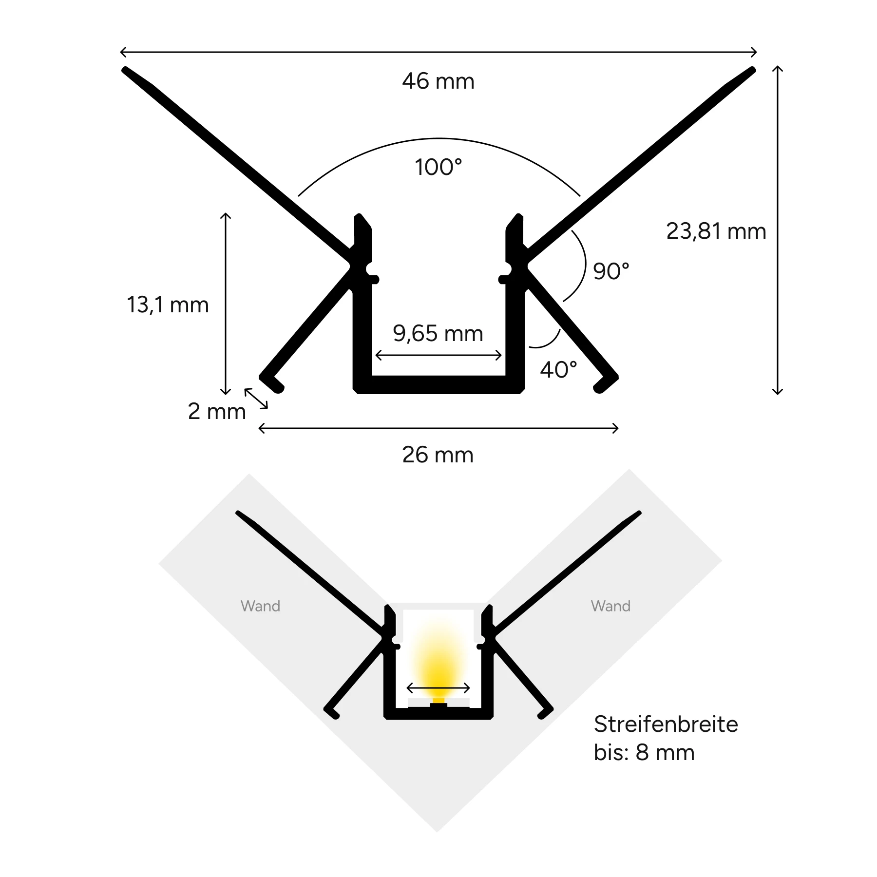 Aluminium LED Unterputz Profil, Trockenbau, Innenecke, 4,6 x 2,4 x 15cm - ohne Abdeckung - ohne Endkappen