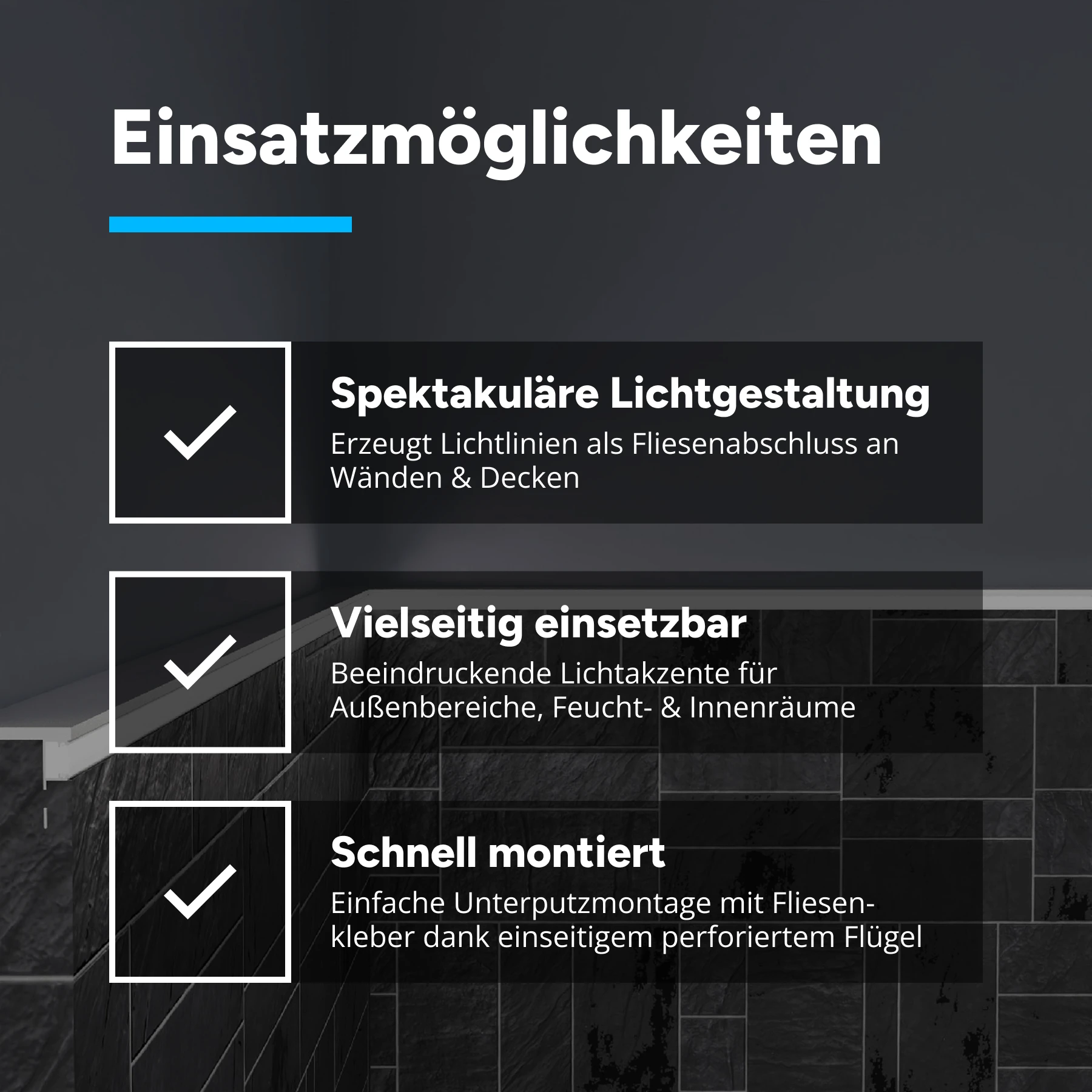 Aluminium LED Profil Fliesenabschluss, ideal, 1,7 x 1,1 x 15cm - ohne Abdeckung - ohne Endkappen