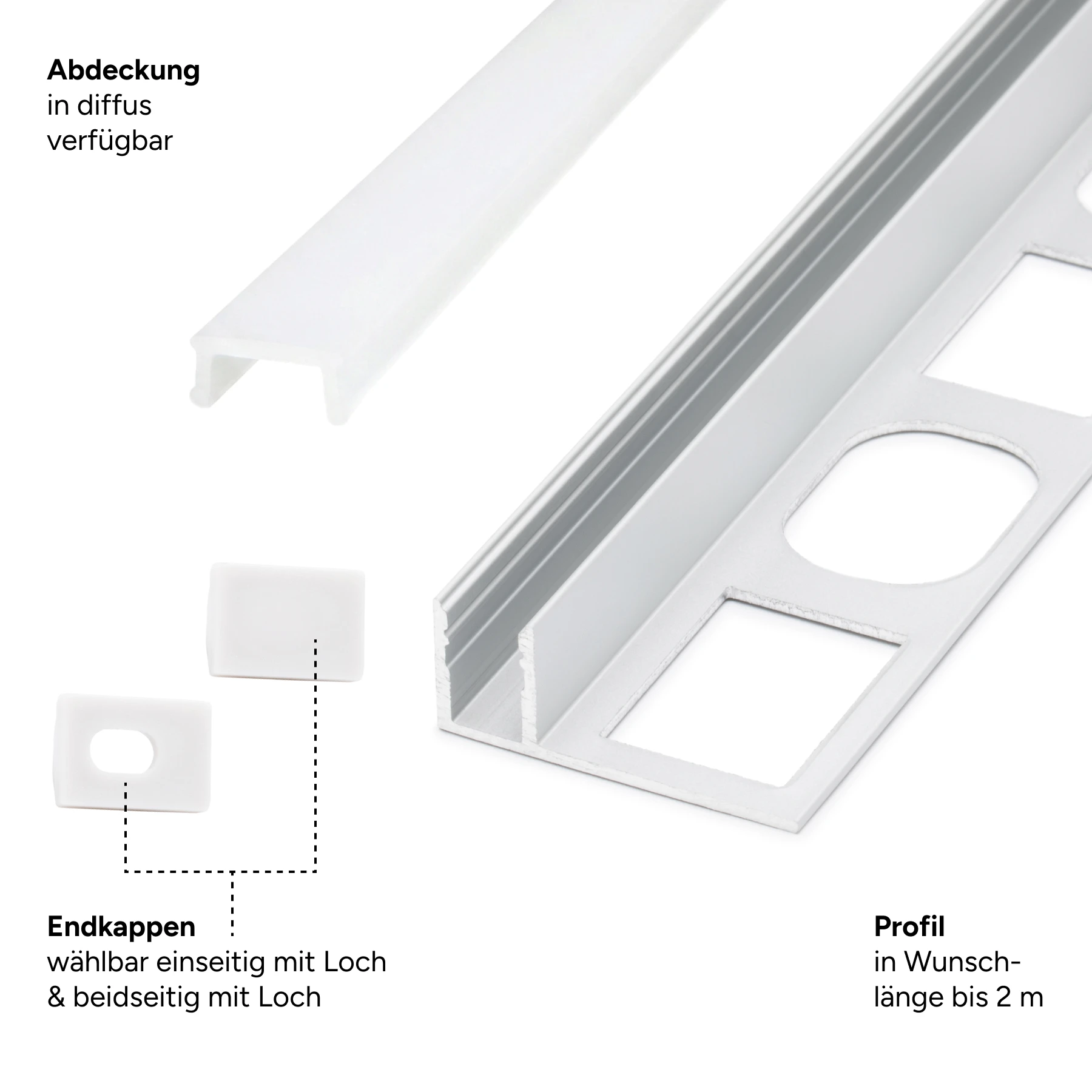 Aluminium LED Profil Fliesenabschluss, schmal, 2,78 x 1,1 x 42cm - ohne Abdeckung - 2er Set - einseitig mit Loch