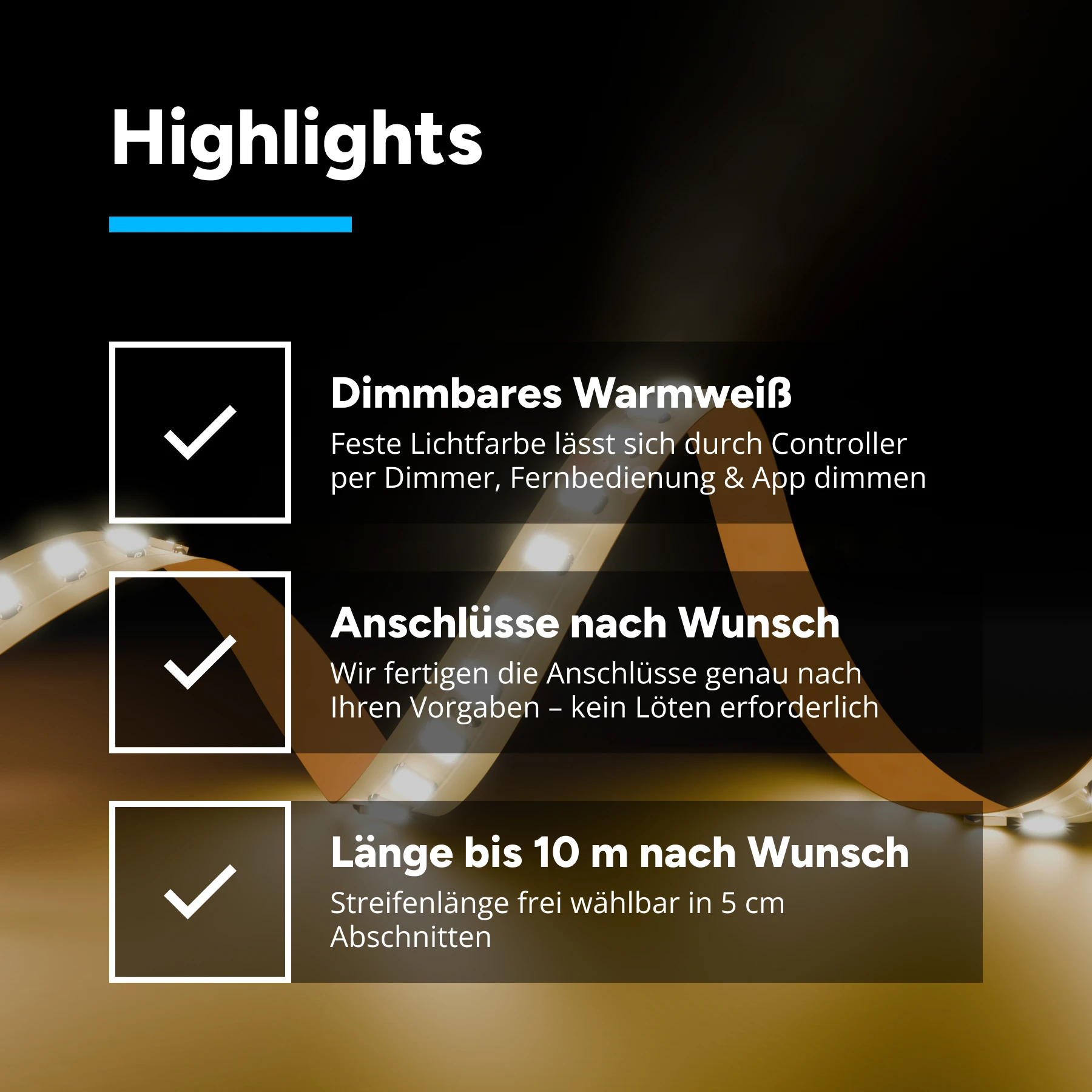 24V LED Streifen - warmweiß - 140 LEDs je Meter - alle 5cm teilbar - kein Anschlußkabel zum Netzteil - ohne Steckerbuchsen 4polig - 5cm - 7 LEDs - 1 Watt - 84 Lumen