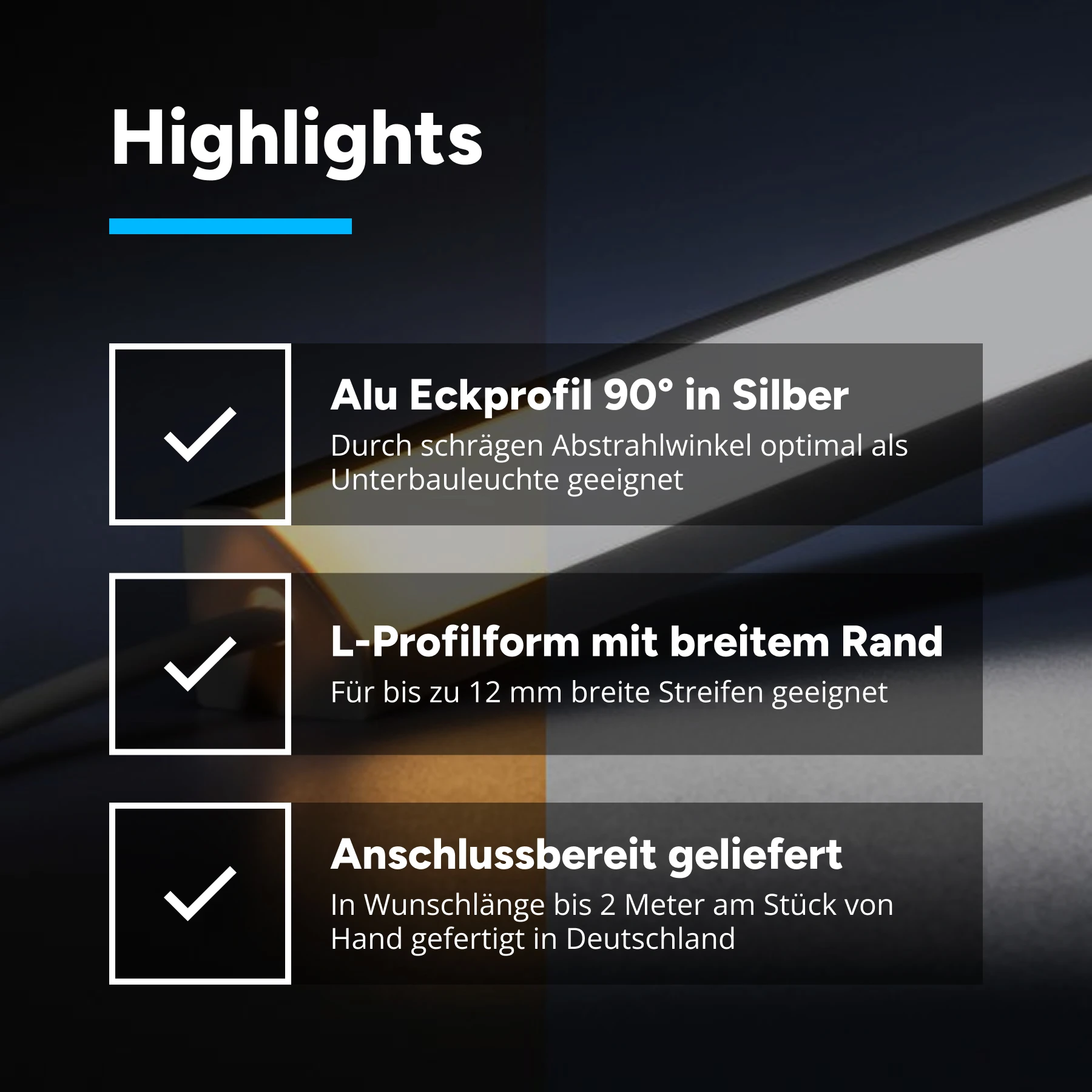 24V Aluminium LED Eckleiste - COB - Farbtemperatur einstellbar - diffuse Abdeckung - 33cm - 182 LED Chips - max. 6,6 Watt - 660 Lumen - mit Ausgangskabel (zum Anschluss einer weiteren LED Leiste)