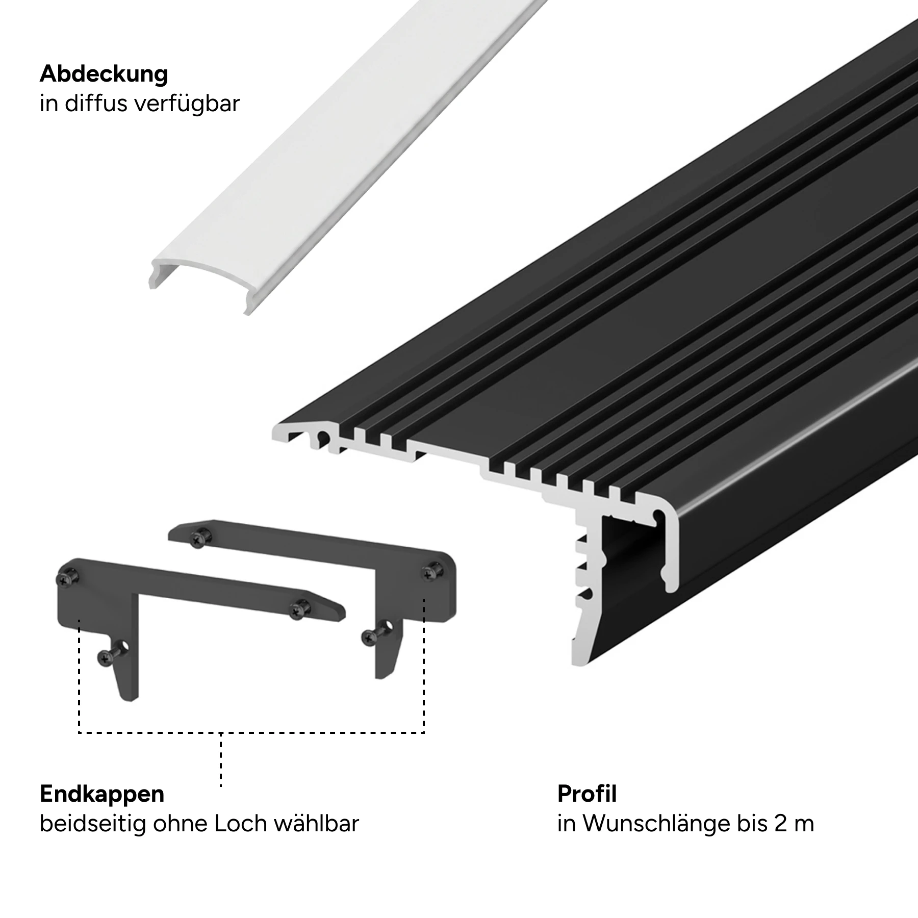 schwarzes Aluminium LED Treppen Profil, P12-2, 5,4 x 2,39 x 50cm - ohne Abdeckung - 2er Set - beidseitig ohne Loch
